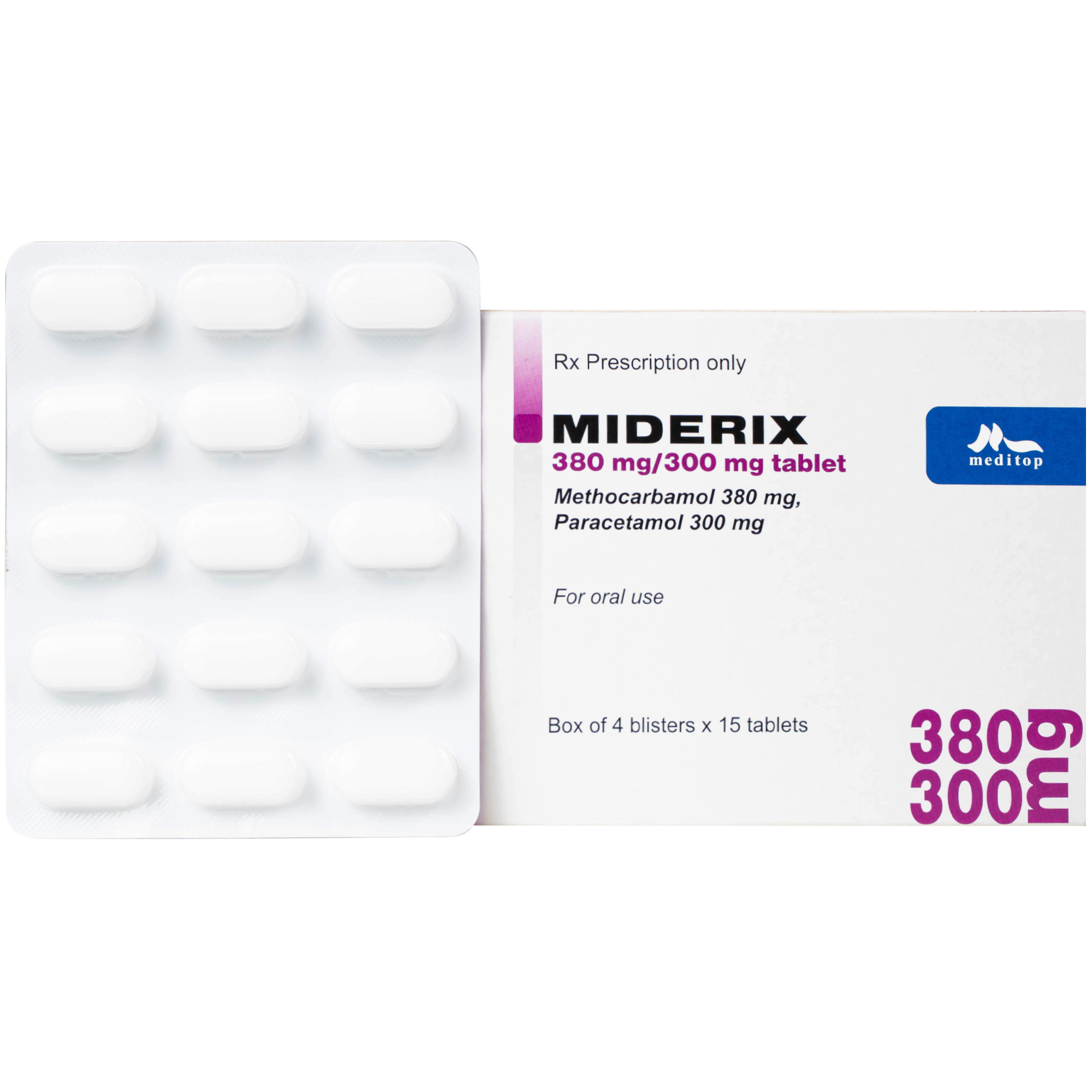 Hình ảnh Thuốc Miderix 380mg/300mg Meditop điều trị triệu chứng đau do co thắt cơ trong các rối loạn cơ xương cấp tính (4 vỉ x 15 viên)