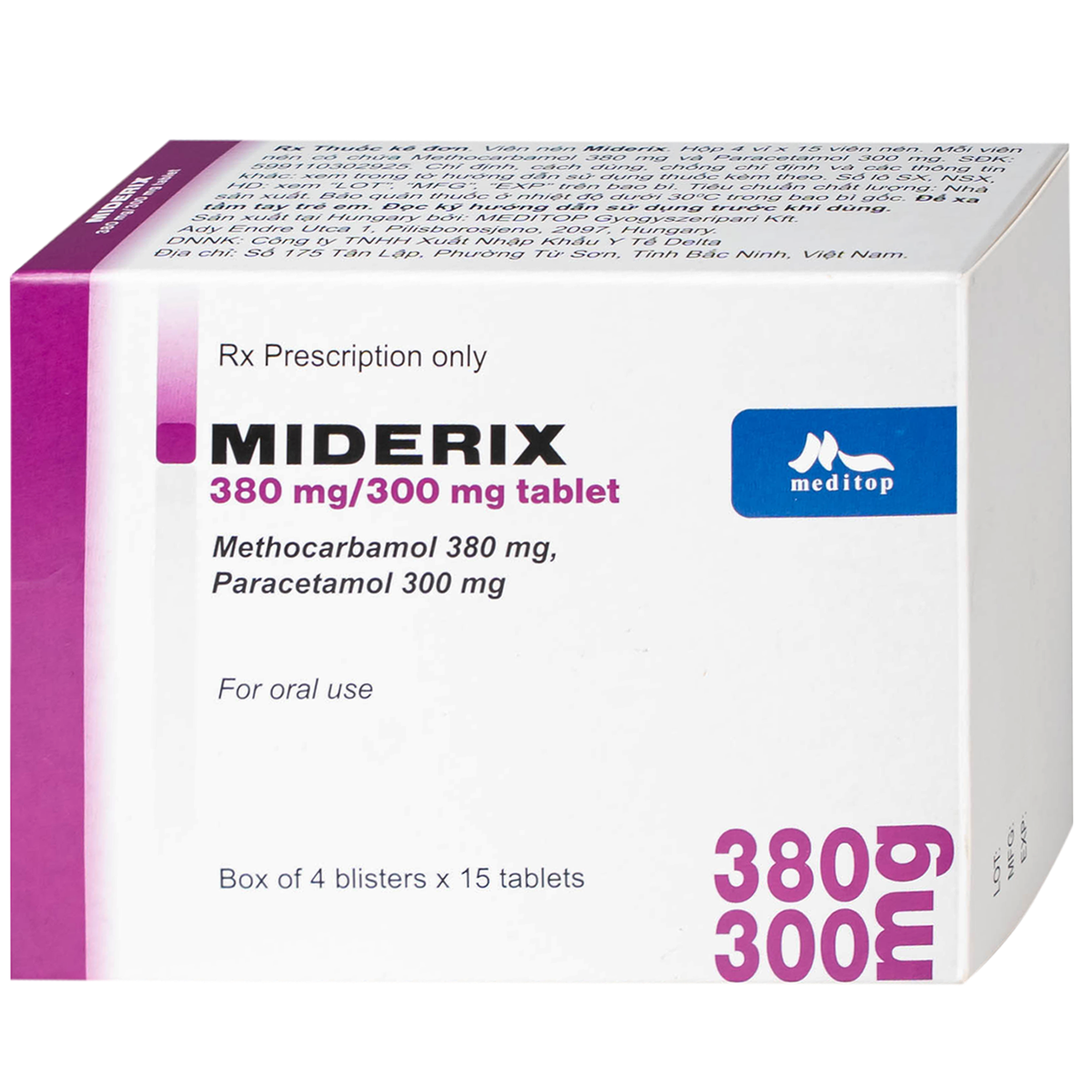 Hình ảnh Thuốc Miderix 380mg/300mg Meditop điều trị triệu chứng đau do co thắt cơ trong các rối loạn cơ xương cấp tính (4 vỉ x 15 viên)