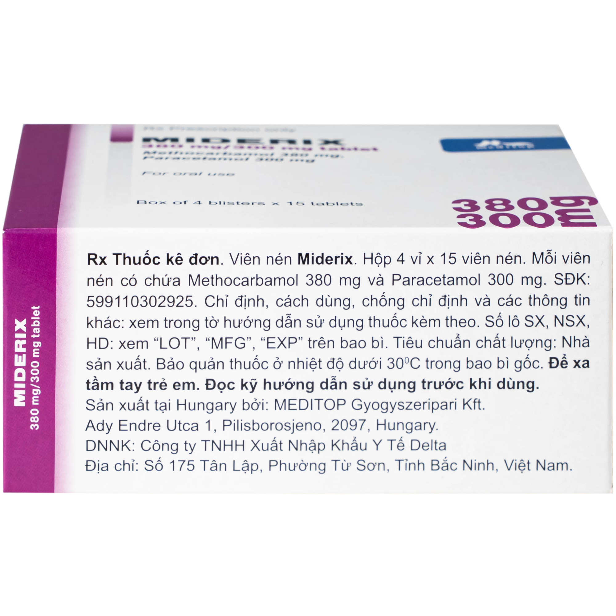 Hình ảnh Thuốc Miderix 380mg/300mg Meditop điều trị triệu chứng đau do co thắt cơ trong các rối loạn cơ xương cấp tính (4 vỉ x 15 viên)
