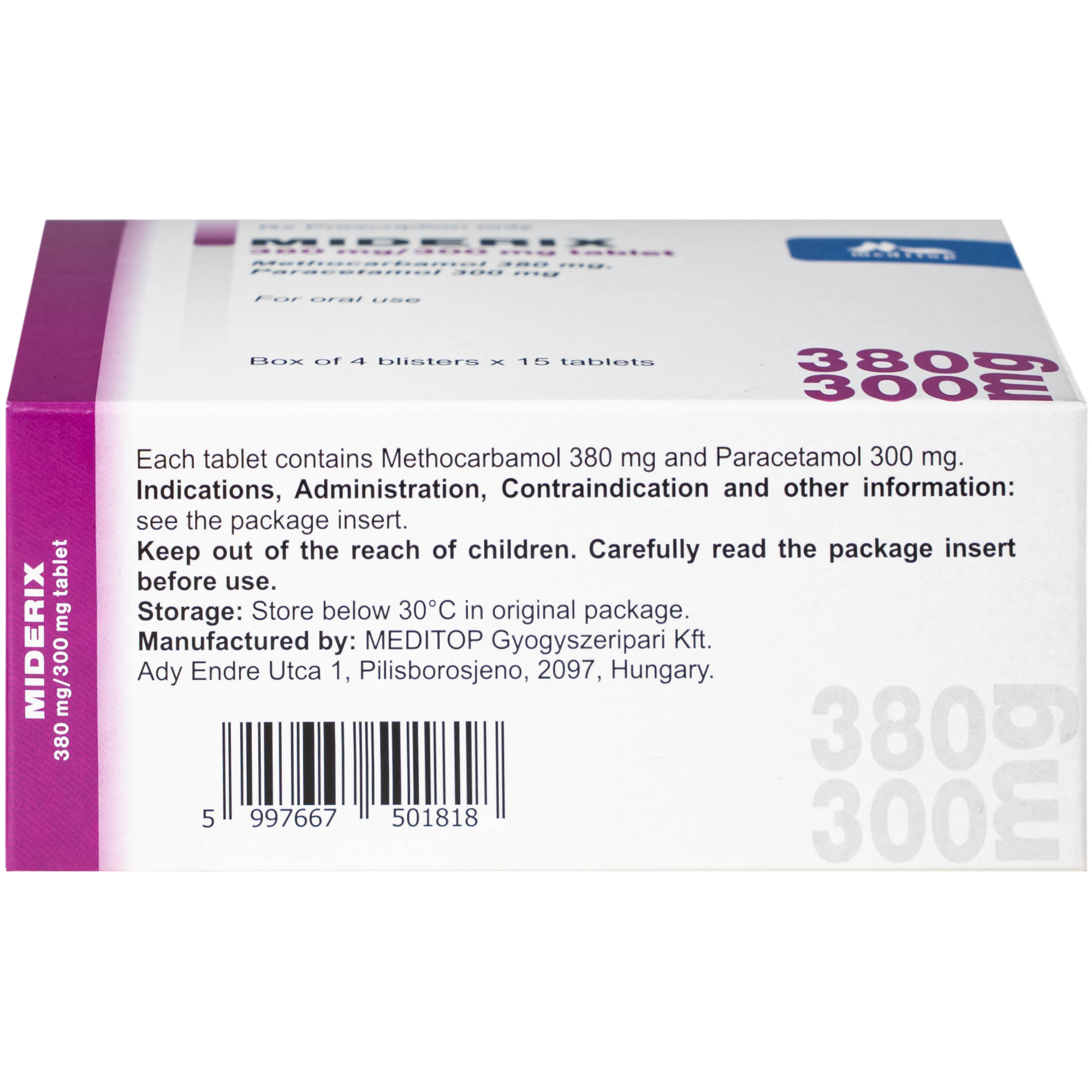 Hình ảnh Thuốc Miderix 380mg/300mg Meditop điều trị triệu chứng đau do co thắt cơ trong các rối loạn cơ xương cấp tính (4 vỉ x 15 viên)