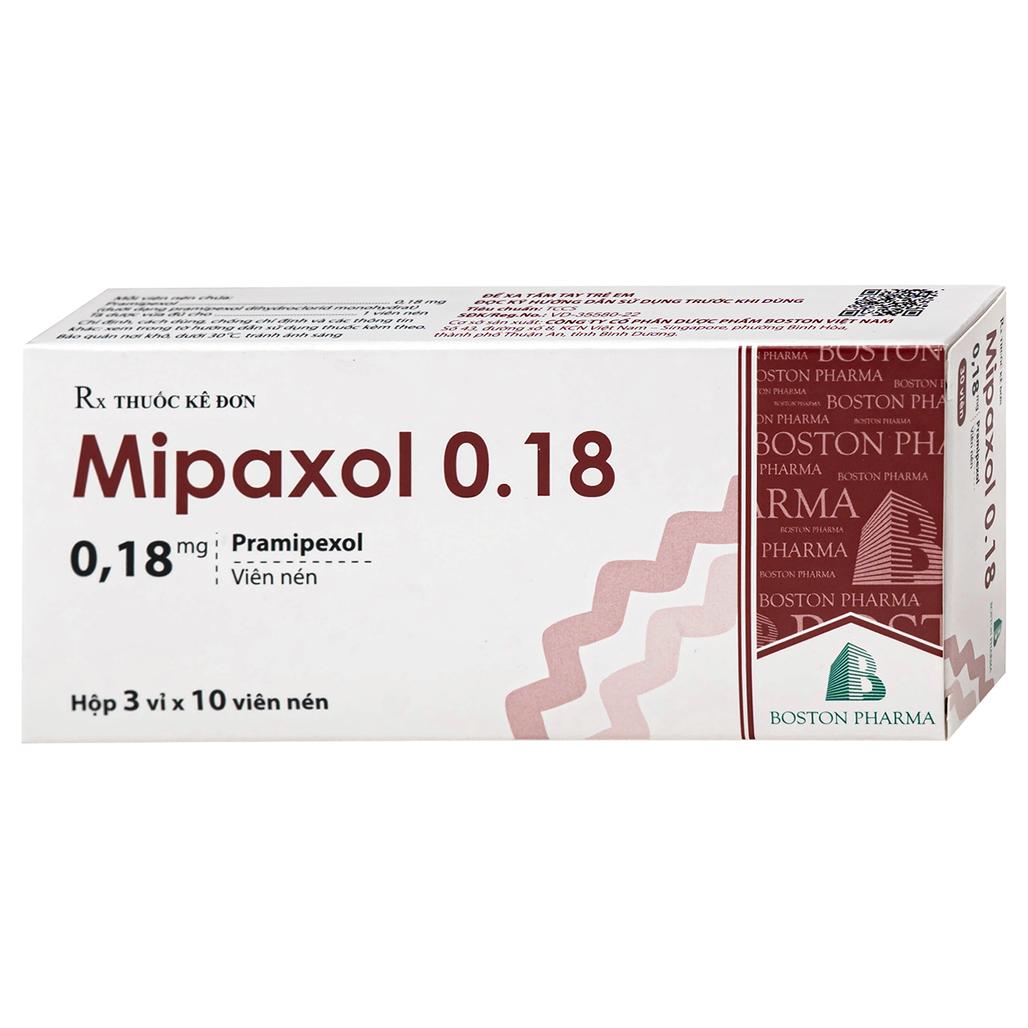Hình ảnh Thuốc Mipaxol 0.18mg Boston điều trị các dấu hiệu và triệu chứng của bệnh Parkinson (3 vỉ x 10 viên)