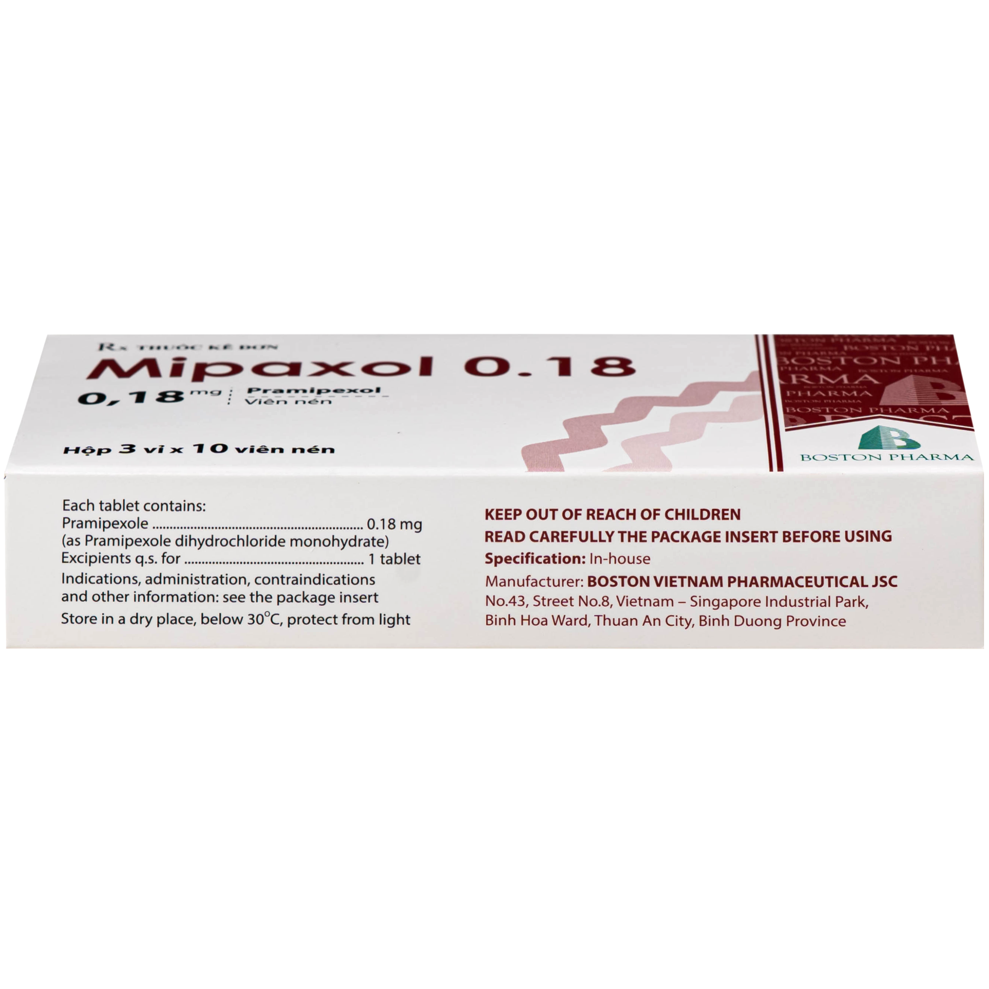 Hình ảnh Thuốc Mipaxol 0.18mg Boston điều trị các dấu hiệu và triệu chứng của bệnh Parkinson (3 vỉ x 10 viên)