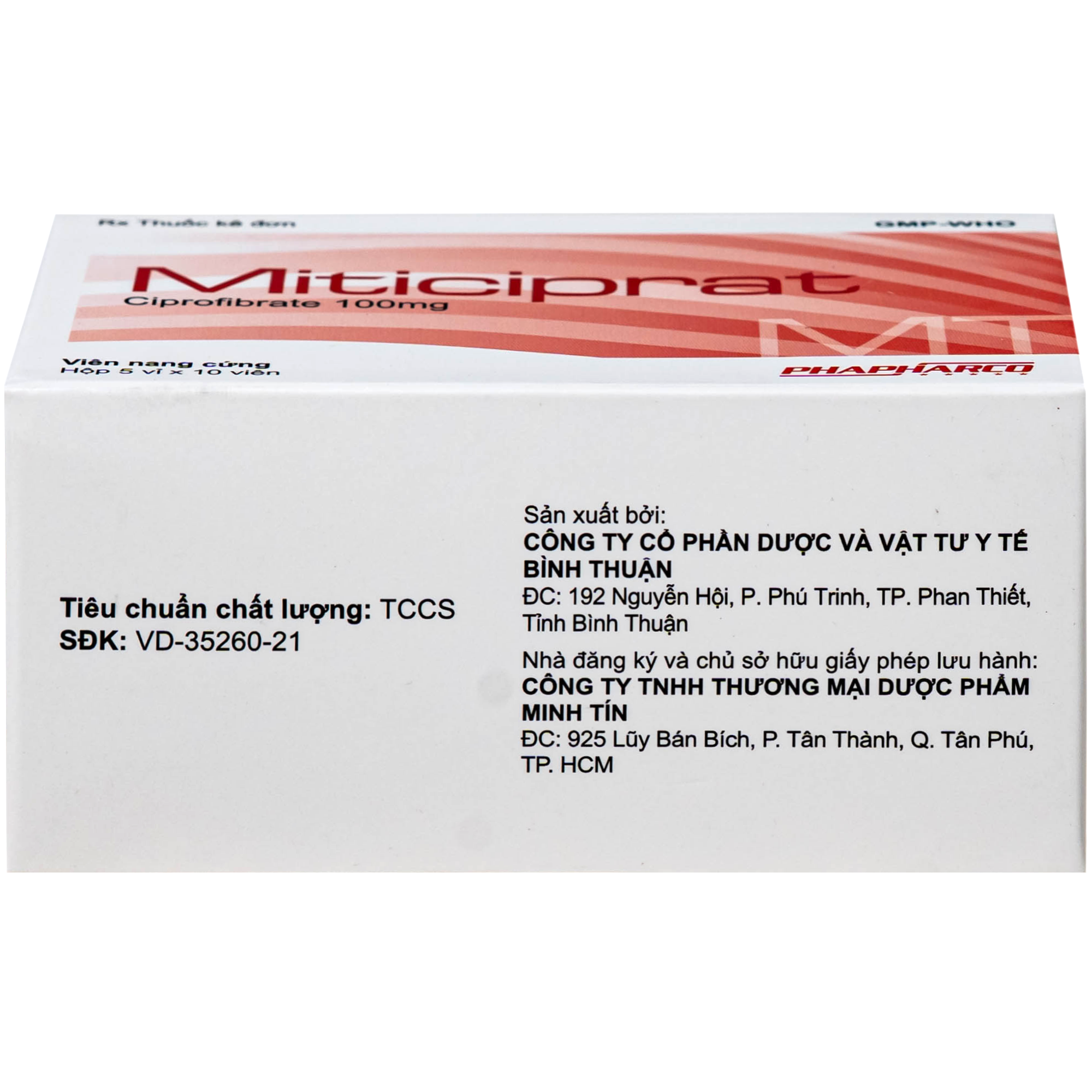 Hình ảnh Thuốc Miticiprat 100mg Bình Thuận điều trị mỡ máu cao (5 vỉ x 10 viên)