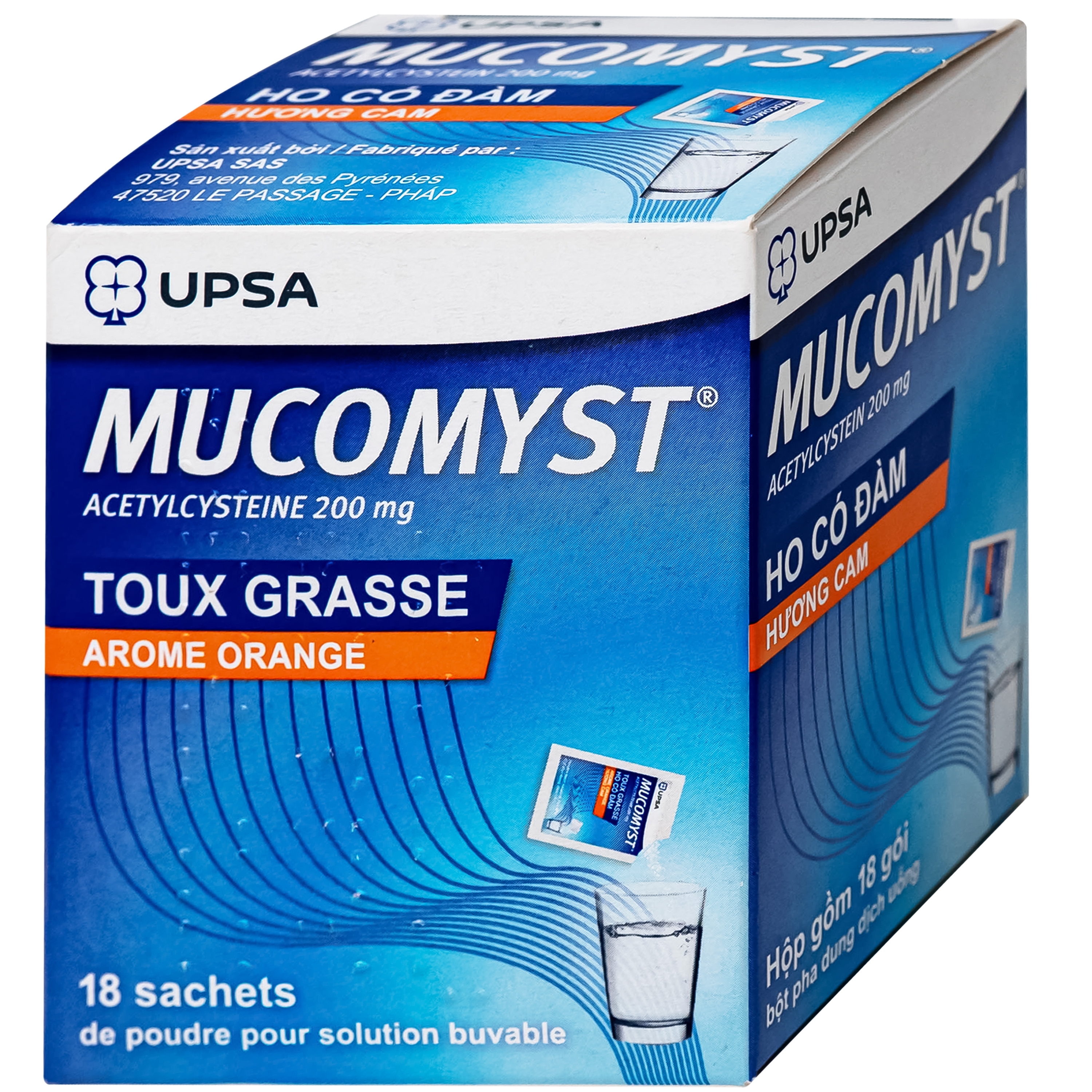 Hình ảnh Thuốc Mucomyst 200mg UPSA điều trị ho có đờm, giúp long đờm và tiêu nhầy (18 gói)