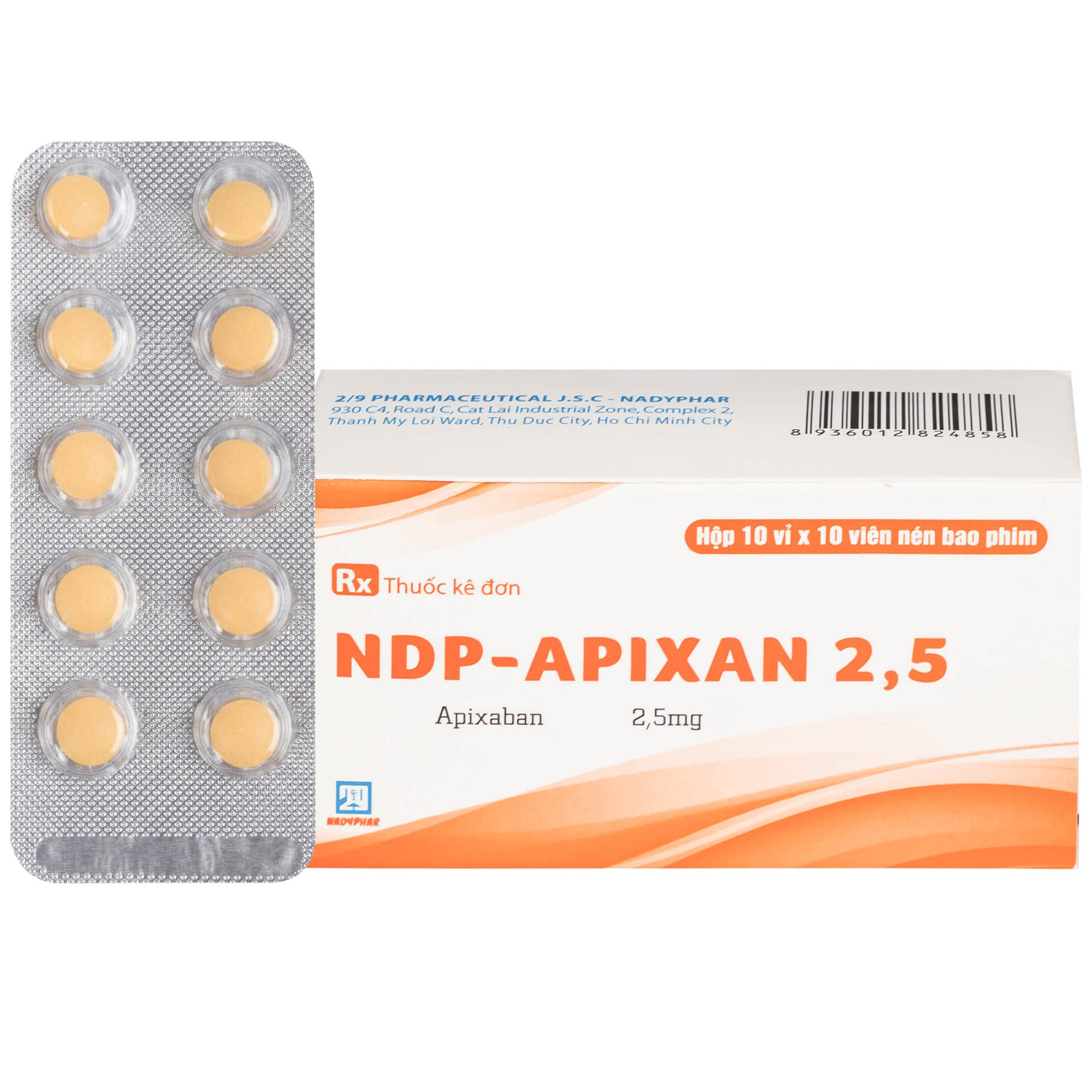 Hình ảnh NDP-Apixan 2.5mg Nadyphar phòng ngừa biến cố thuyên tắc huyết khối tĩnh mạch (10 vỉ x 10 viên)