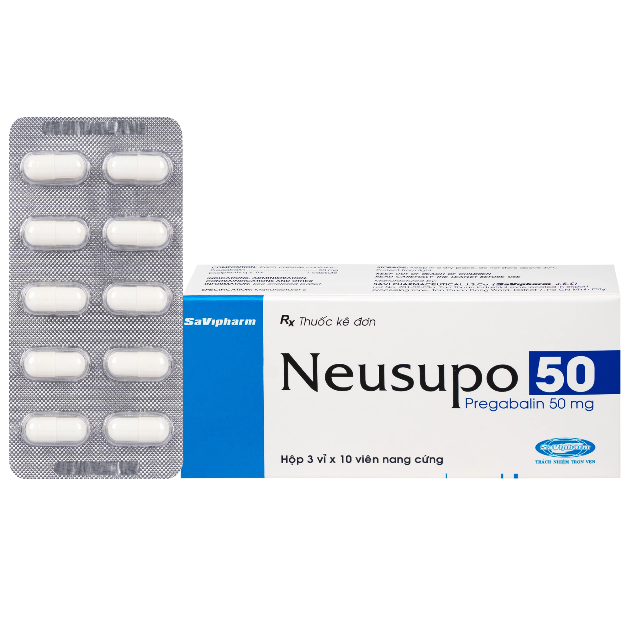 Hình ảnh Thuốc Neusupo 50mg Savipharm đau thần kinh, lo âu lan tỏa, đau cơ xơ hóa, hỗ trợ động kinh cục bộ (3 vỉ x 10 viên)
