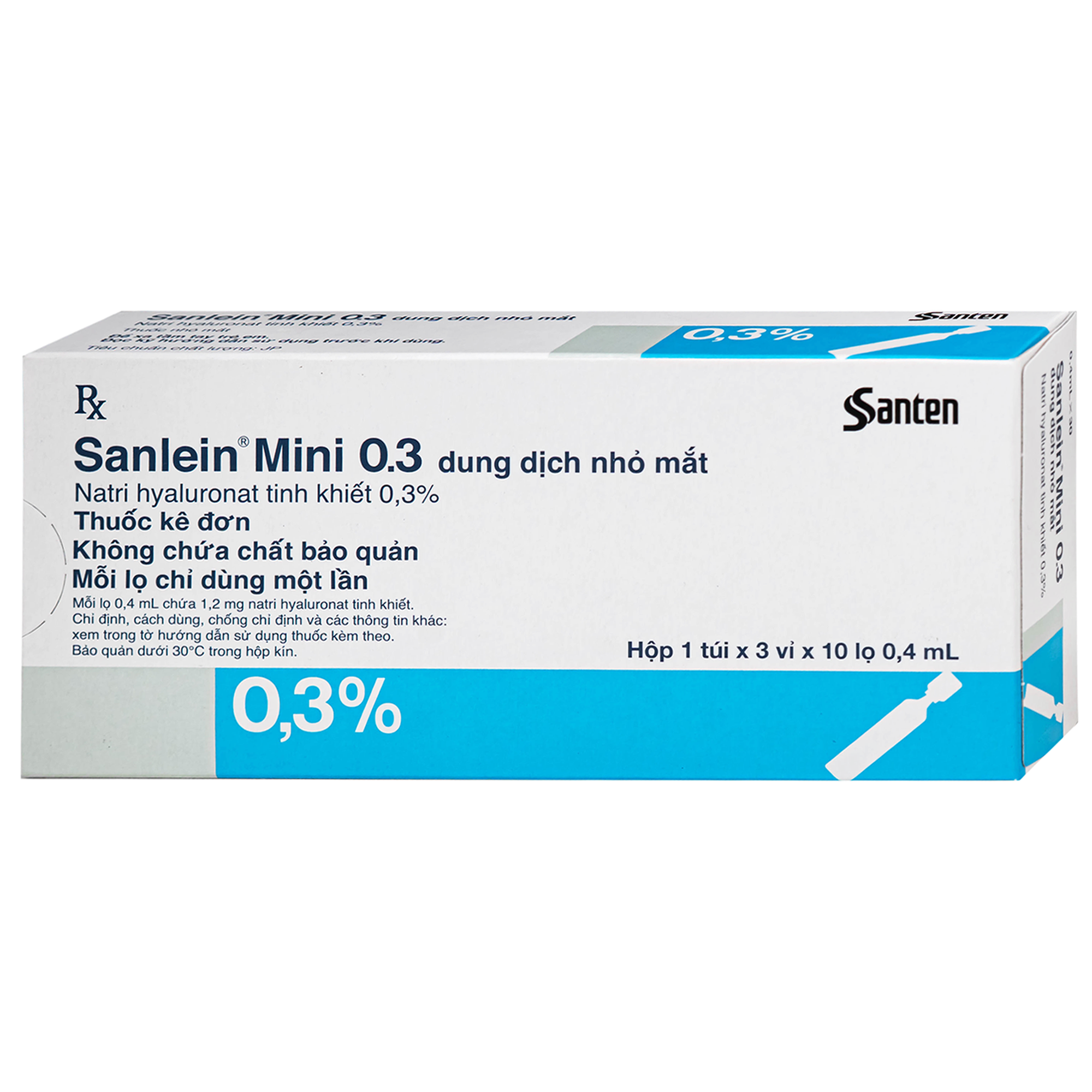 Hình ảnh Thuốc nhỏ mắt Sanlein Mini 0.3% Santen điều trị khô mắt và tổn thương giác mạc (3 vỉ x 10 lọ x 0.4ml)