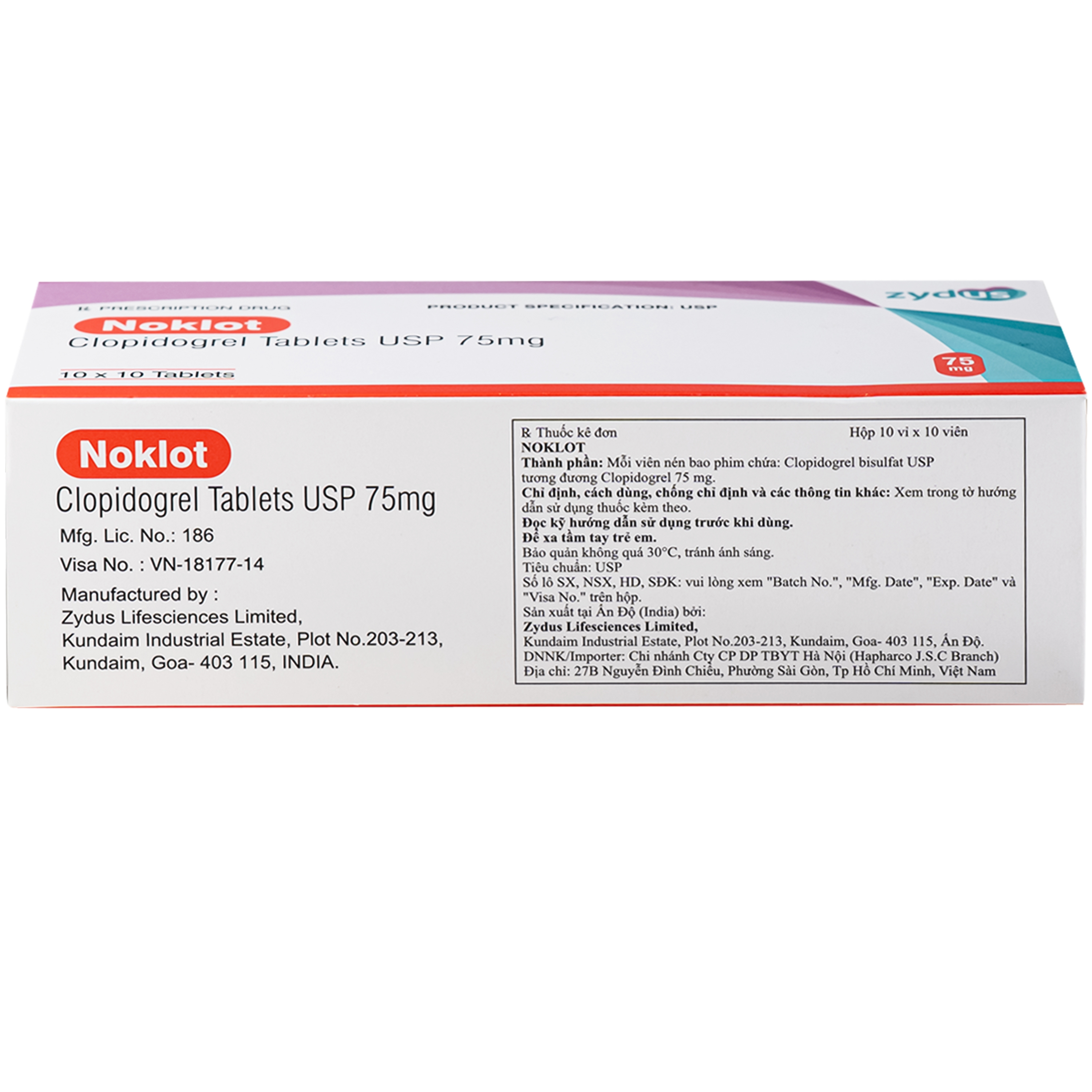 Hình ảnh Thuốc Noklot 75mg Zydus phòng ngừa biến cố xơ vữa động mạch (10 vỉ x 10 viên)