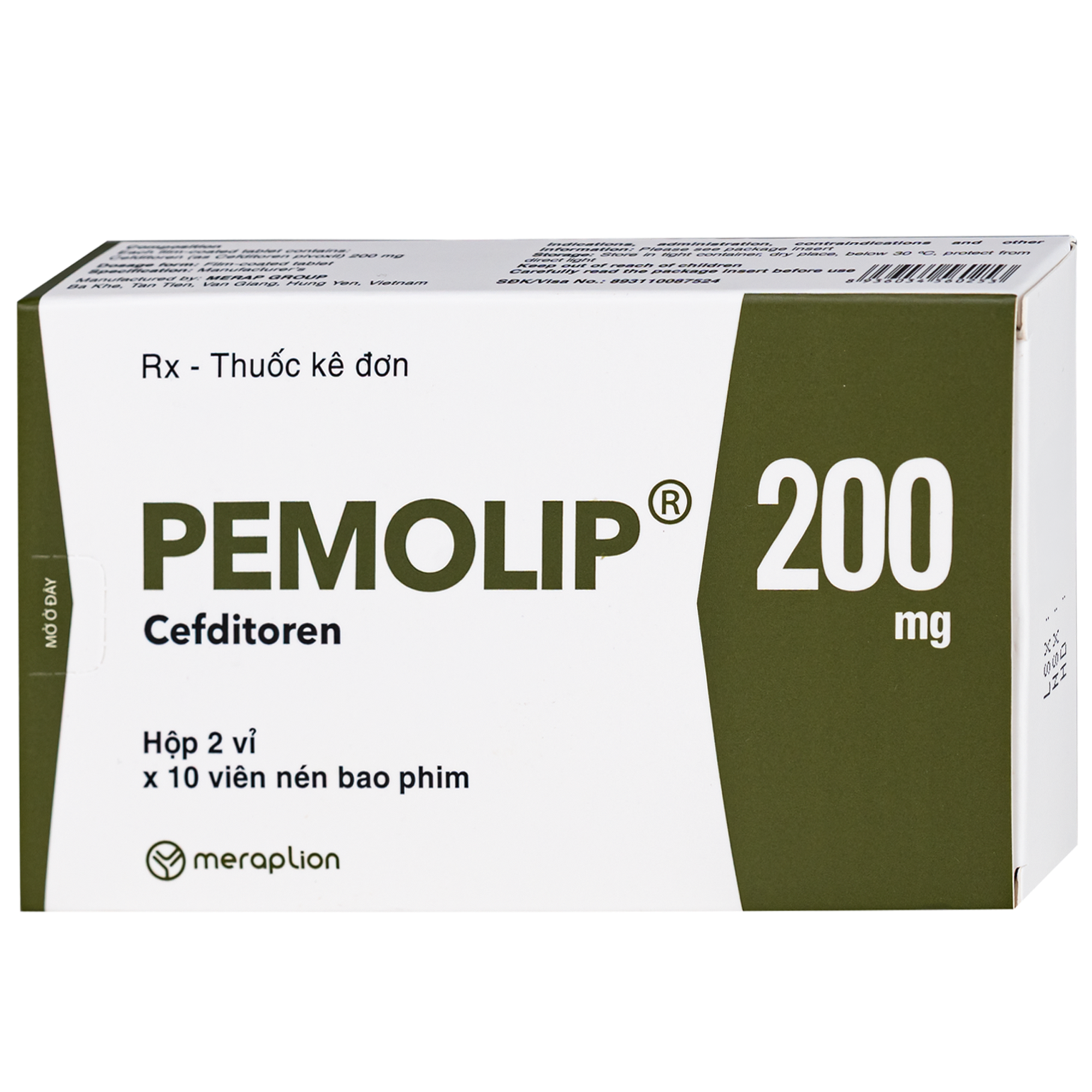 Hình ảnh Thuốc Pemolip 200mg Meraplion điều trị các nhiễm khuẩn từ nhẹ đến vừa bởi các chủng vi sinh vật (2 vỉ x 10 viên)