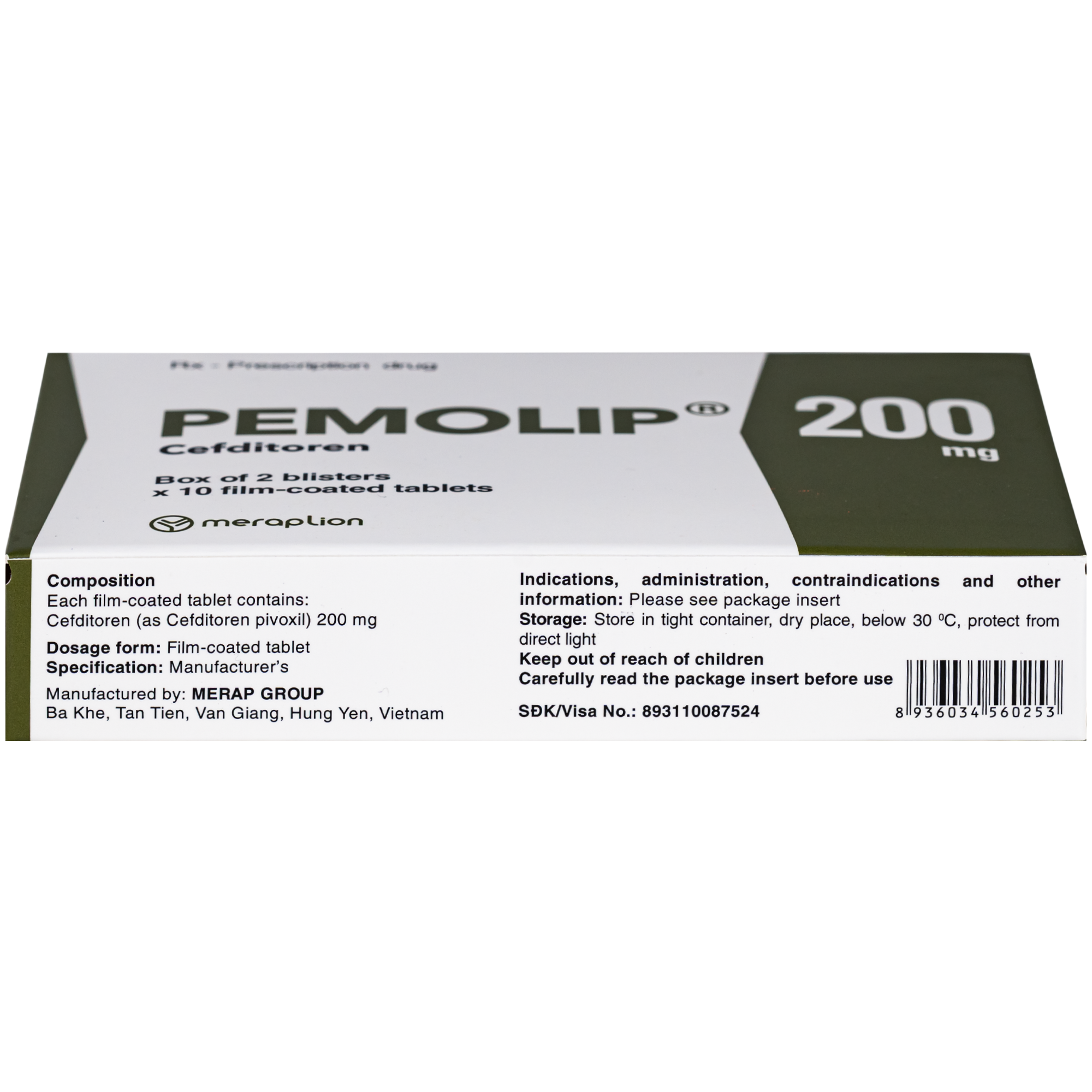 Hình ảnh Thuốc Pemolip 200mg Meraplion điều trị các nhiễm khuẩn từ nhẹ đến vừa bởi các chủng vi sinh vật (2 vỉ x 10 viên)