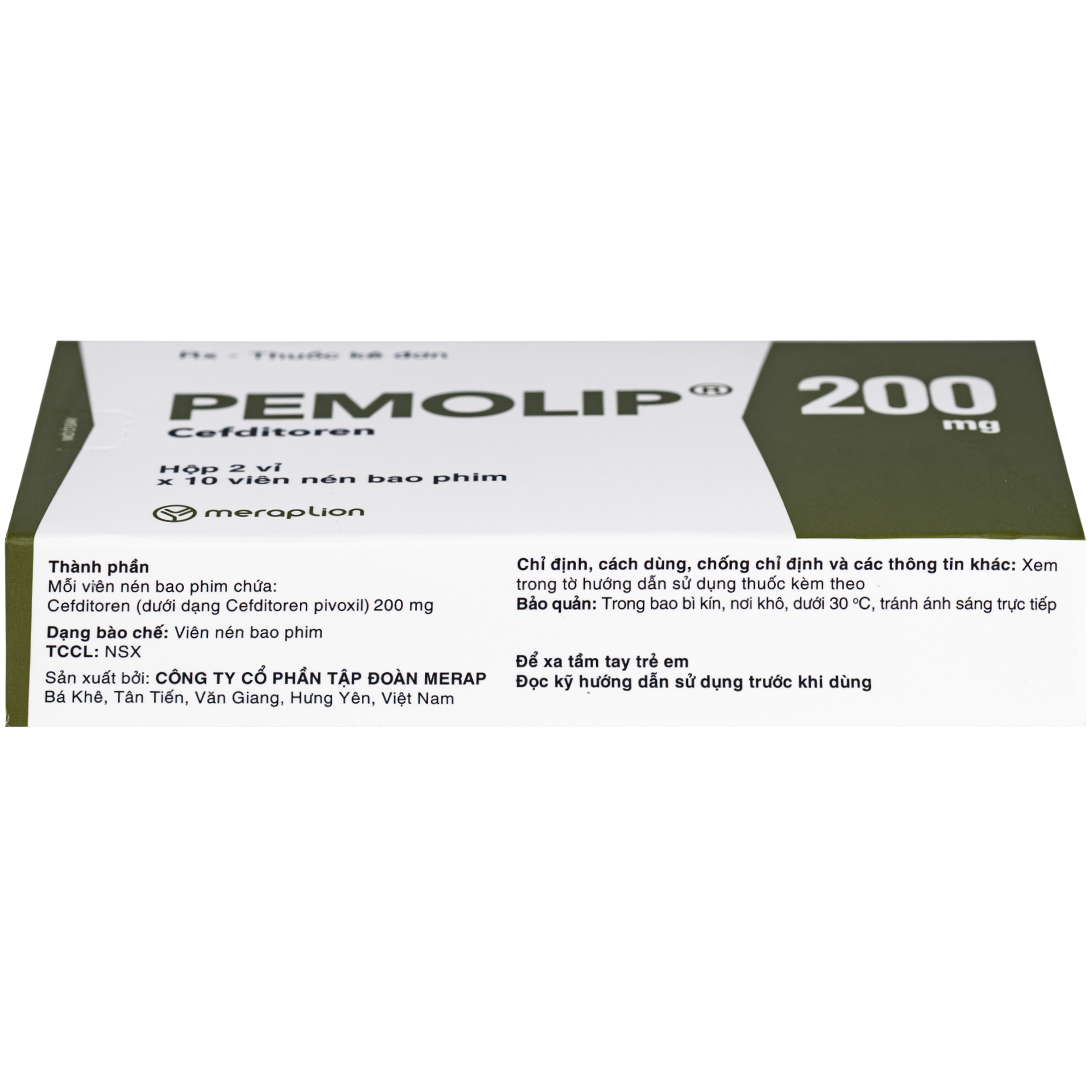 Hình ảnh Thuốc Pemolip 200mg Meraplion điều trị các nhiễm khuẩn từ nhẹ đến vừa bởi các chủng vi sinh vật (2 vỉ x 10 viên)