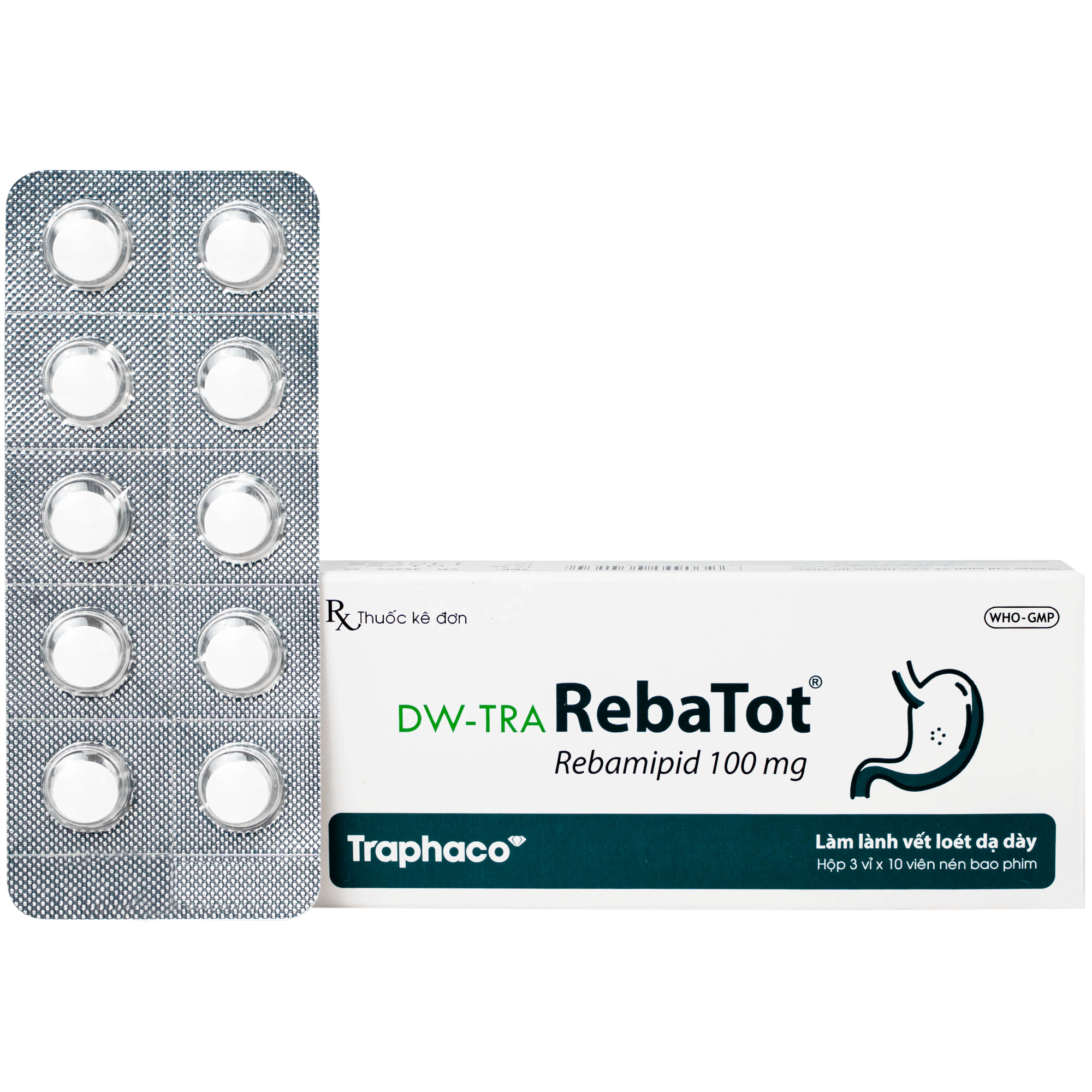 Hình ảnh Thuốc Rebamipid 100mg Traphaco điều trị loét dạ dày (3 vỉ x 10 viên)