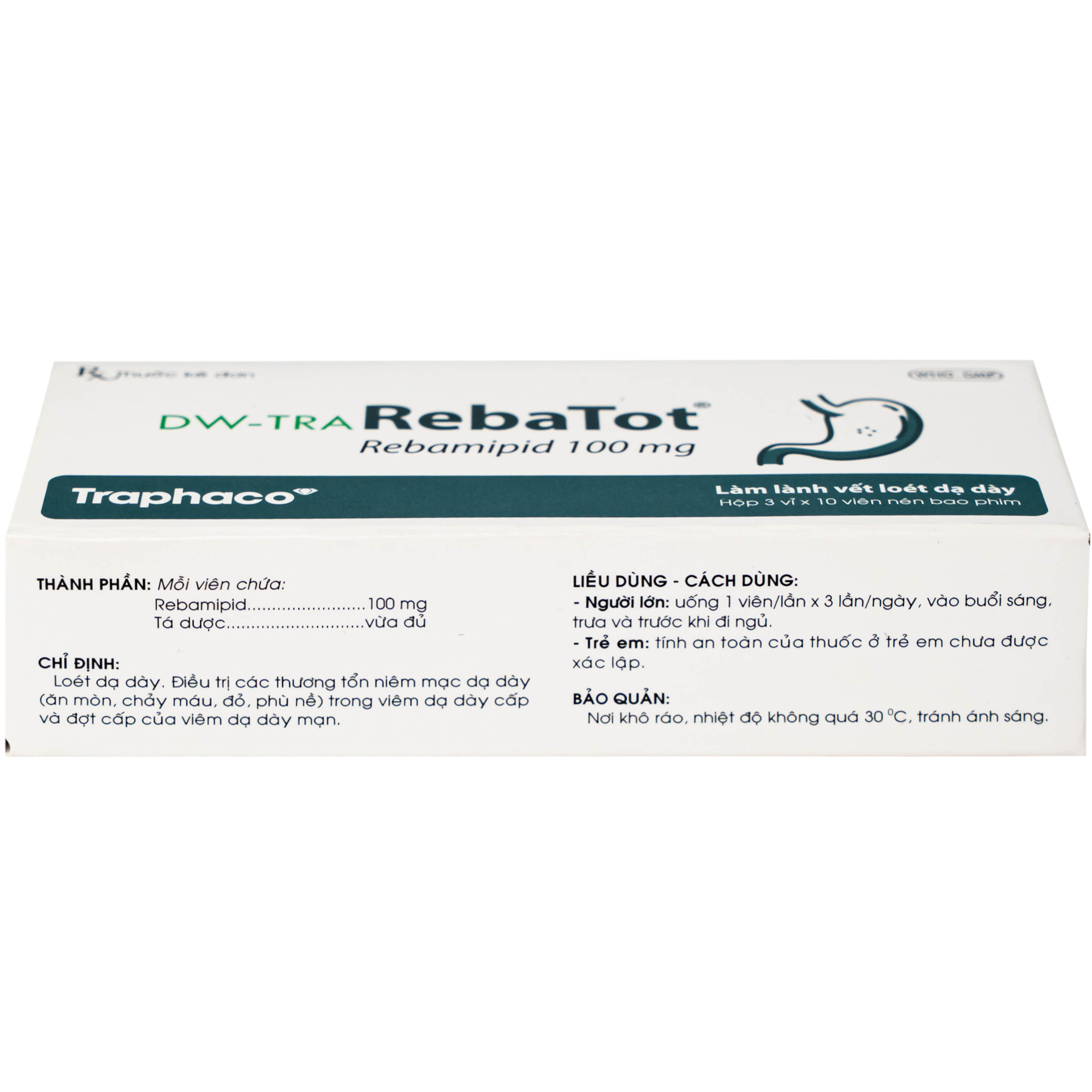 Hình ảnh Thuốc Rebamipid 100mg Traphaco điều trị loét dạ dày (3 vỉ x 10 viên)