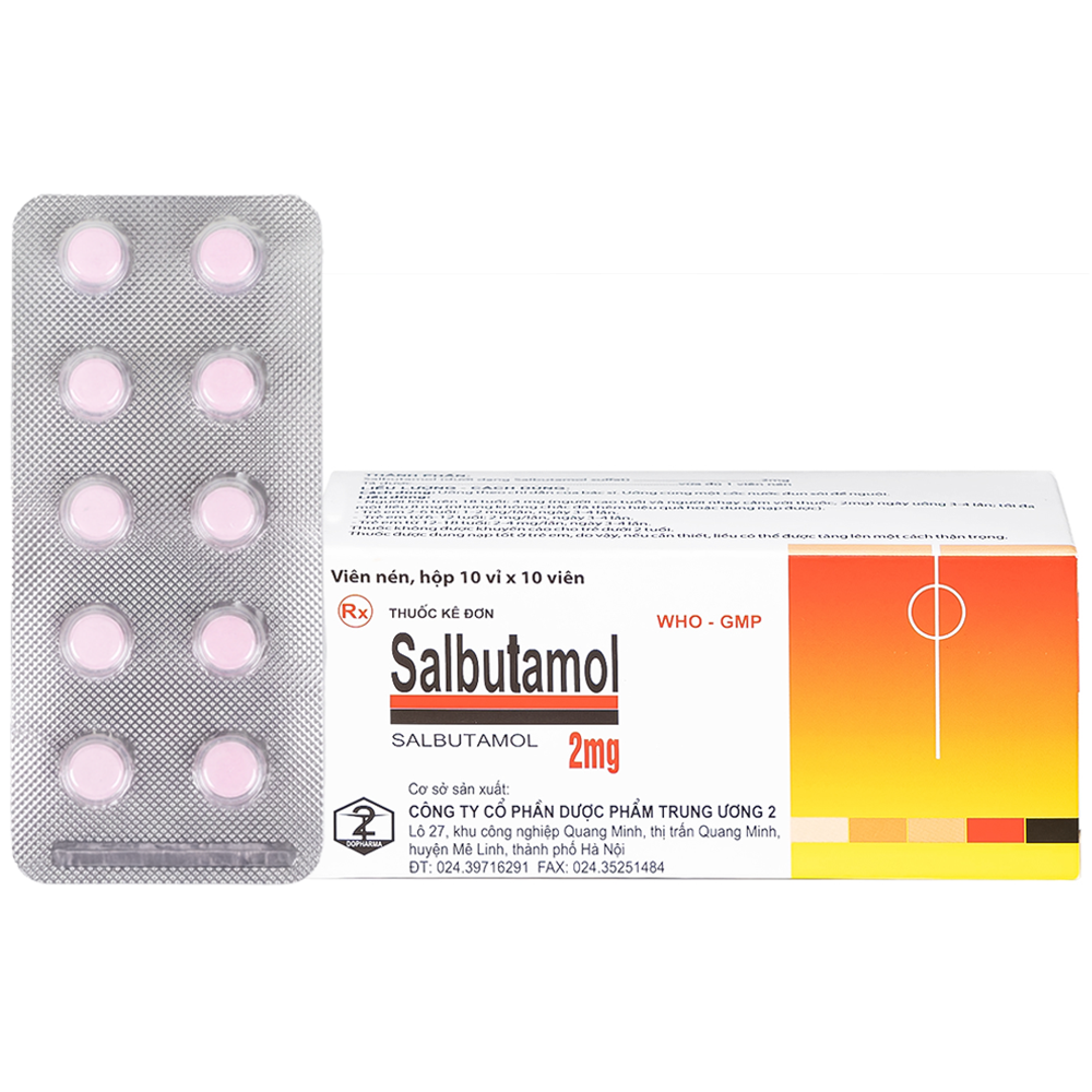 Hình ảnh Thuốc Salbutamol 2mg Dopharma giúp giảm co thắt phế quản trong hen, viêm phế quản mãn tính (10 vỉ x 10 viên)