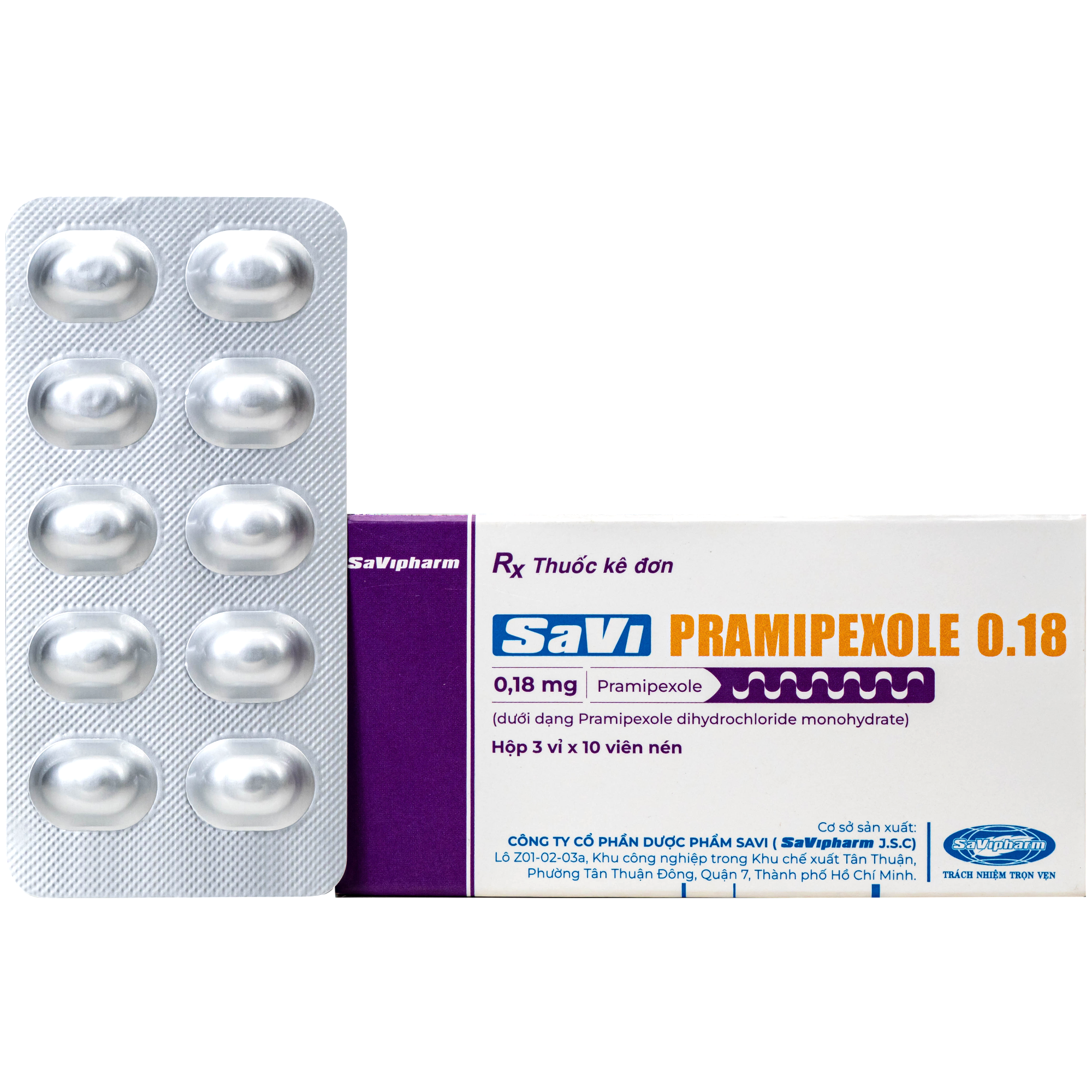 Hình ảnh Thuốc SaVi Pramipexole 0.18mg Savipharm điều trị các dấu hiệu và triệu chứng của bệnh Parkinson (3 vỉ x 10 viên)