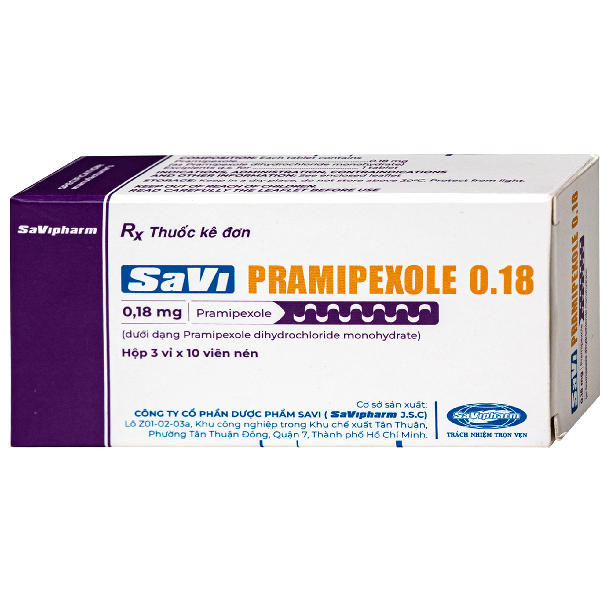 Hình ảnh Thuốc SaVi Pramipexole 0.18mg Savipharm điều trị các dấu hiệu và triệu chứng của bệnh Parkinson (3 vỉ x 10 viên)