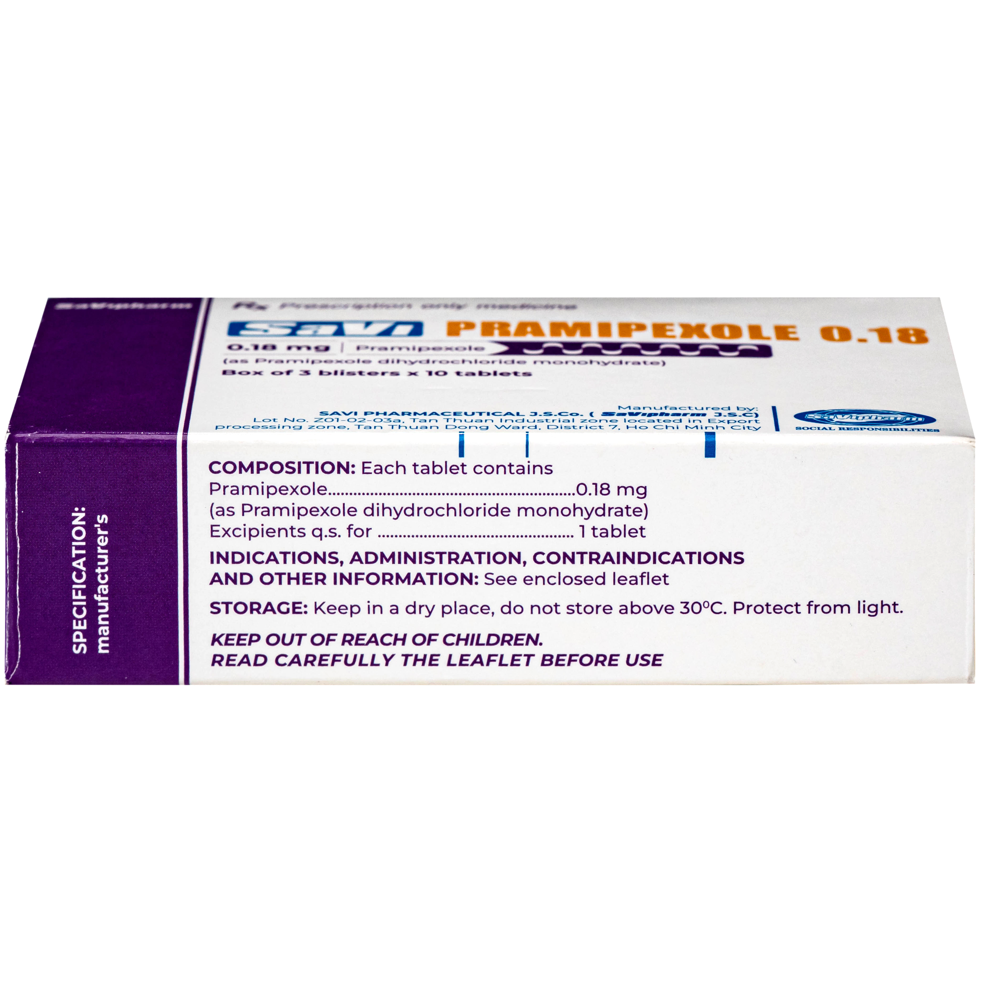 Hình ảnh Thuốc SaVi Pramipexole 0.18mg Savipharm điều trị các dấu hiệu và triệu chứng của bệnh Parkinson (3 vỉ x 10 viên)