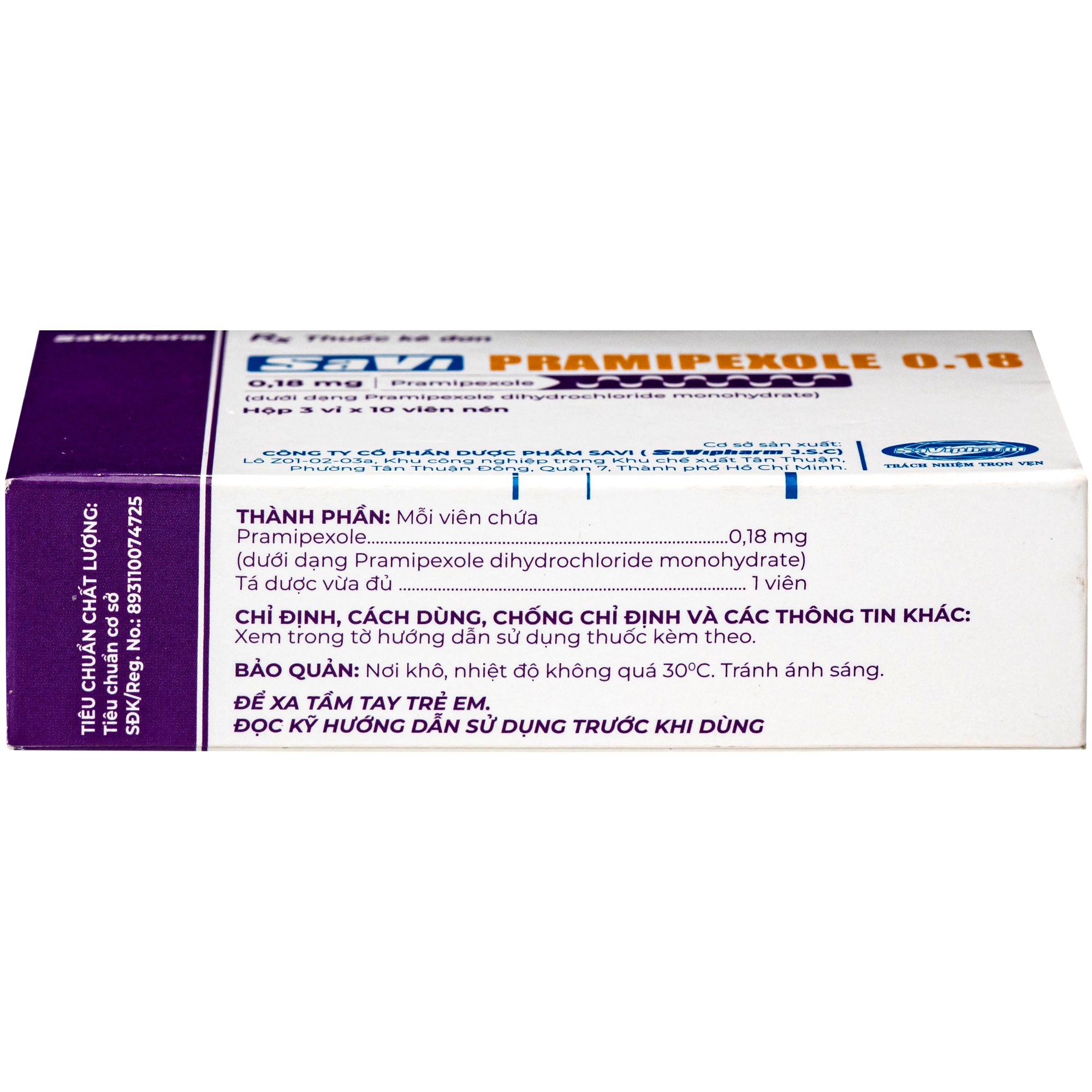 Hình ảnh Thuốc SaVi Pramipexole 0.18mg Savipharm điều trị các dấu hiệu và triệu chứng của bệnh Parkinson (3 vỉ x 10 viên)