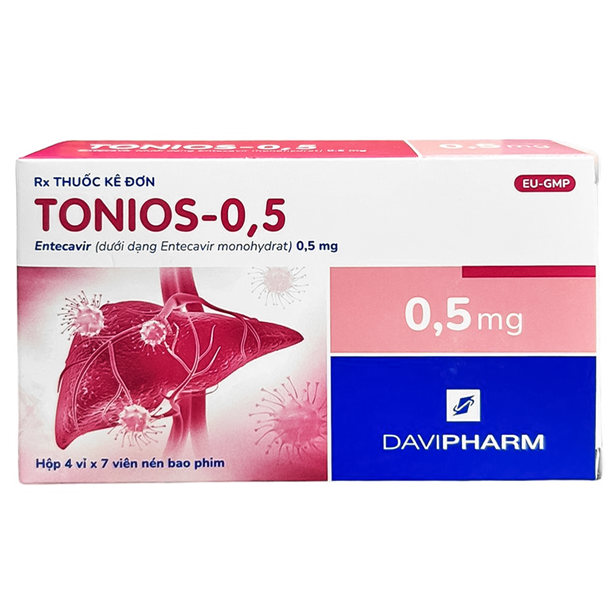 Hình ảnh Thuốc TONIOS 0.5MG Davipharm điều trị nhiễm virus viêm gan B mạn tính (4 vỉ x 7 viên)