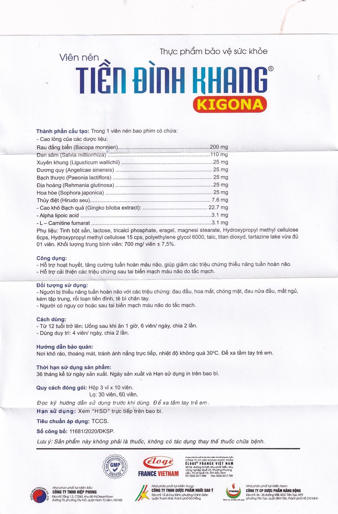 Hình ảnh Viên uống Tiền Đình Khang Kigona Eloge hỗ trợ hoạt huyết, tăng cường tuần hoàn máu não (3 vỉ x 10 viên)