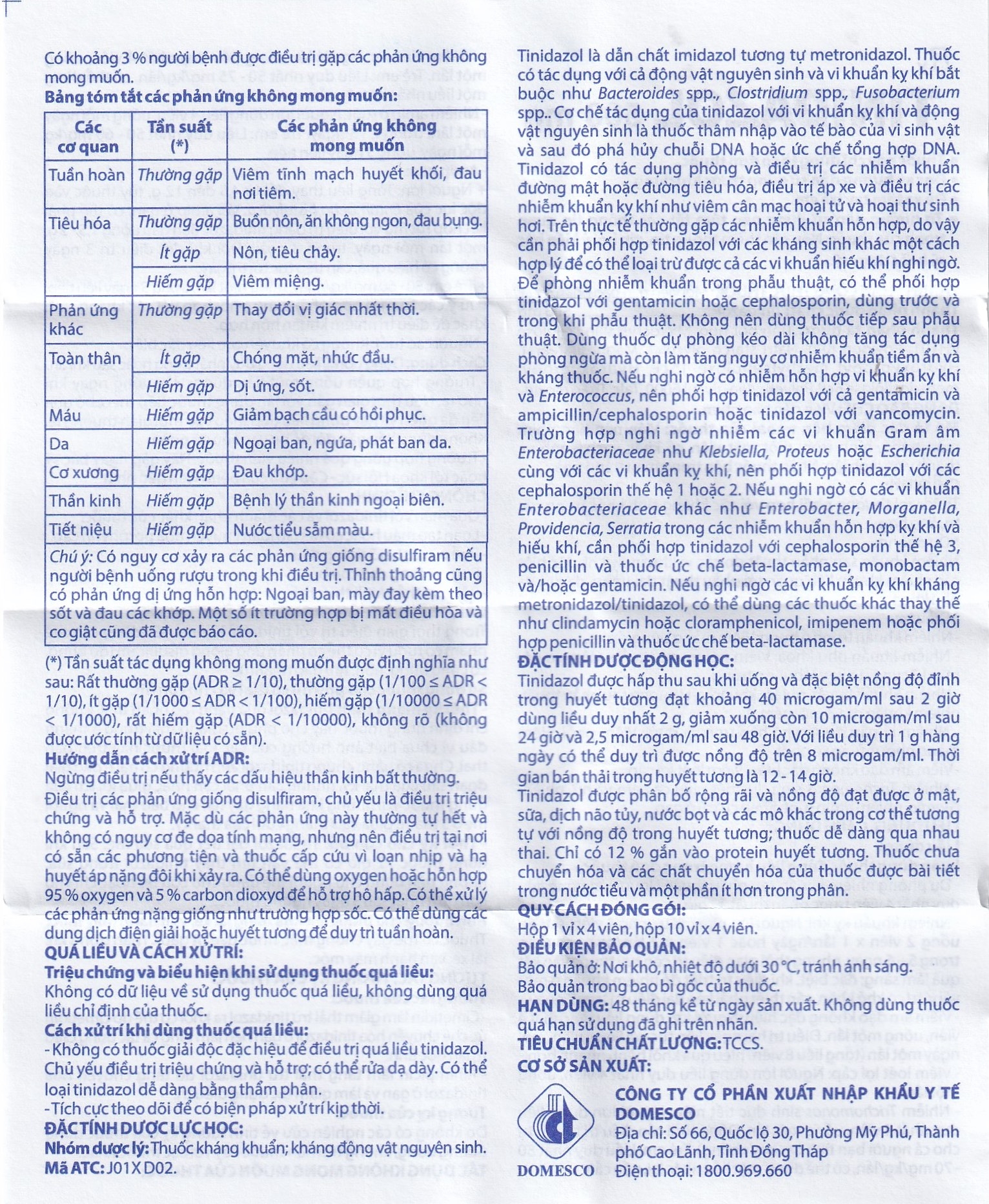 Hình ảnh Thuốc Tinidazol 500mg Domesco dự phòng nhiễm khuẩn sau phẫu thuật (1 vỉ x 4 viên)