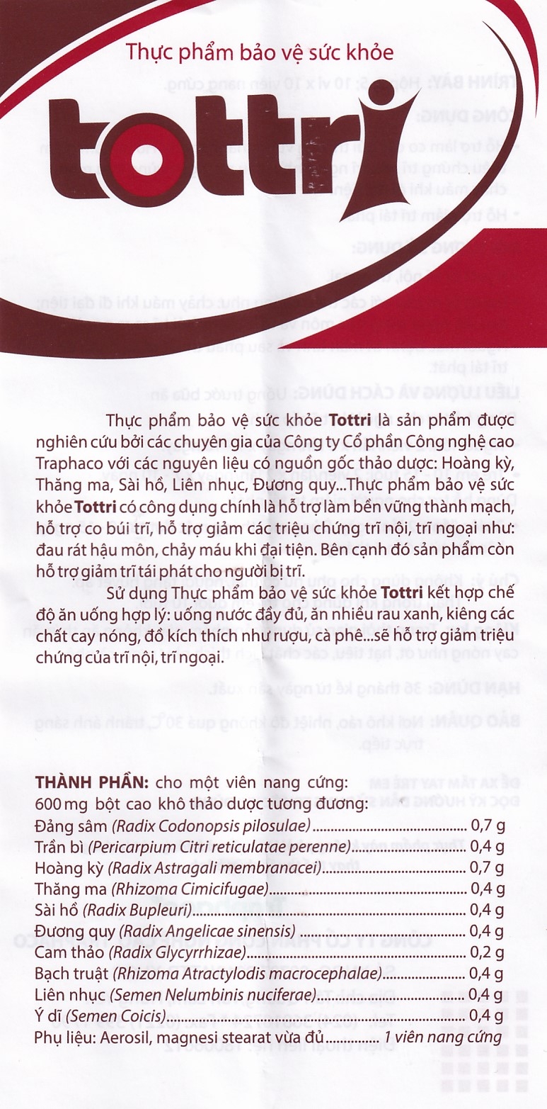 Hình ảnh Viên uống Tottri Traphaco hỗ trợ làm co các búi trĩ (3 vỉ x 10 viên)