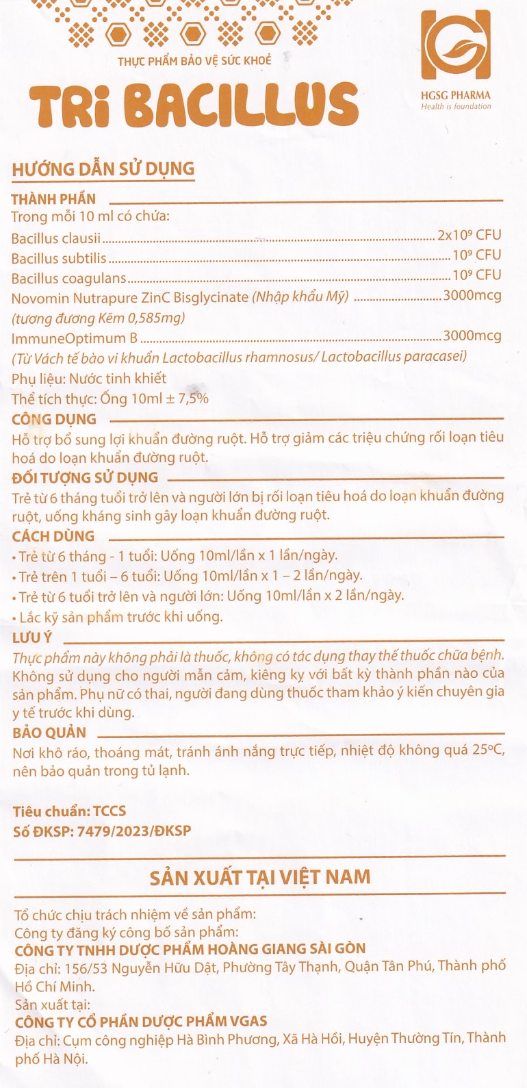 Hình ảnh Thực phẩm bảo vệ sức khỏe Probiotics Tribacilus HGSG Pharma hỗ trợ bổ sung lợi khuẩn đường ruột (20 ống x 10ml)