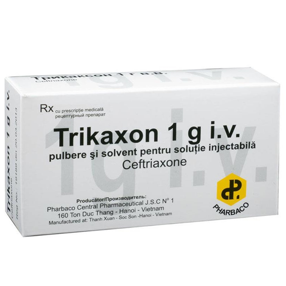 Hình ảnh Bột pha tiêm Trikaxon 1 g.i.v Pharbaco điều trị các bệnh nhiễm khuẩn nặng (1 lọ x 1 nước cất)