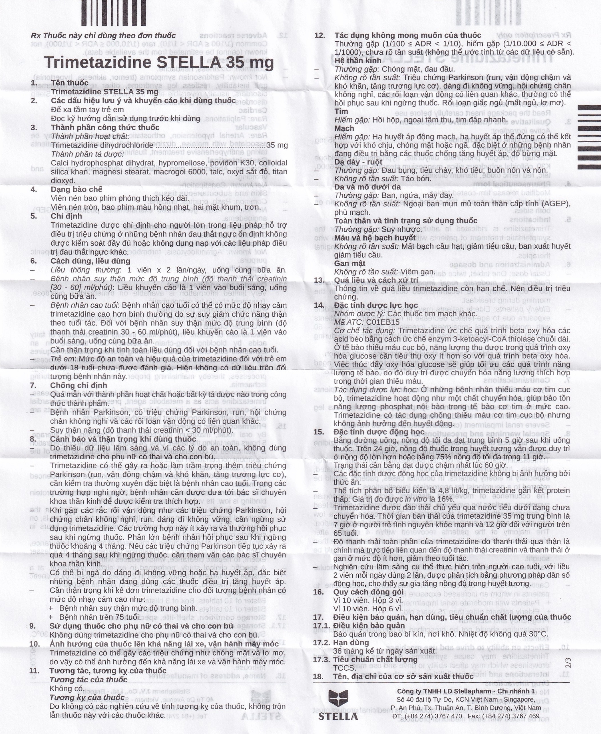 Hình ảnh Thuốc Trimetazidine Stella 35mg điều trị đau thắt ngực ổn định (3 vỉ x 10 viên)