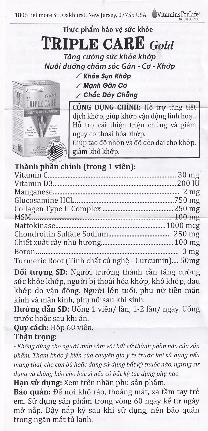 Hình ảnh Viên nang cứng Triple Care Gold Vitamins For Life Hỗ trợ tăng tiết dịch khớp, giảm thoái hóa khớp (60 viên)