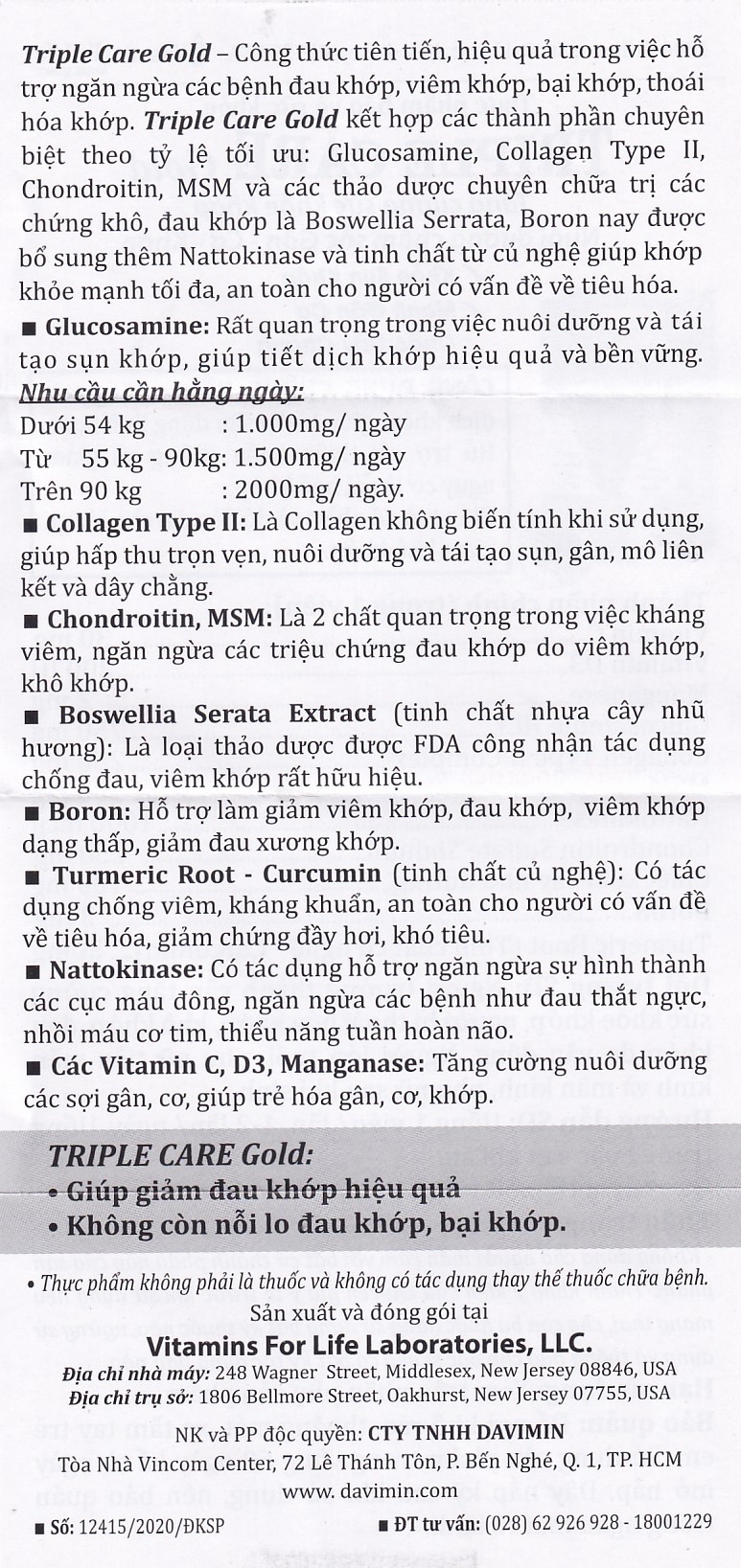 Hình ảnh Viên nang cứng Triple Care Gold Vitamins For Life Hỗ trợ tăng tiết dịch khớp, giảm thoái hóa khớp (60 viên)