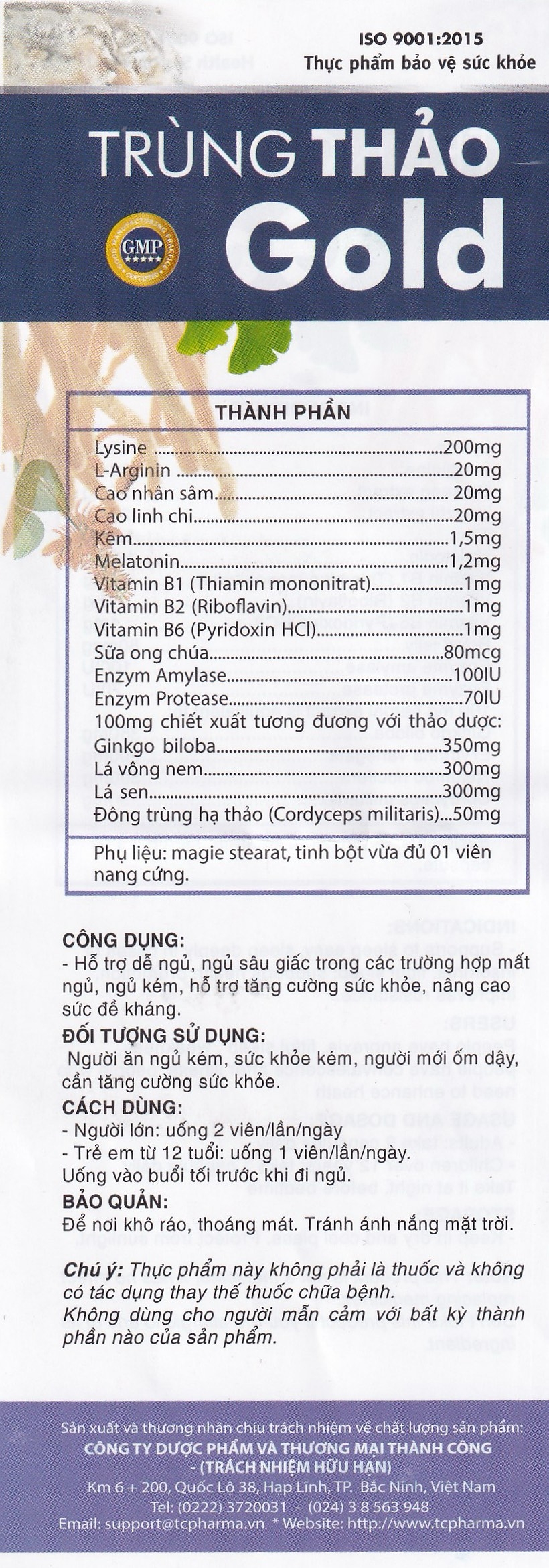 Hình ảnh Viên uống Trùng Thảo Gold Thành Công hỗ trợ dễ ngủ, ngủ sâu giấc (30 viên)