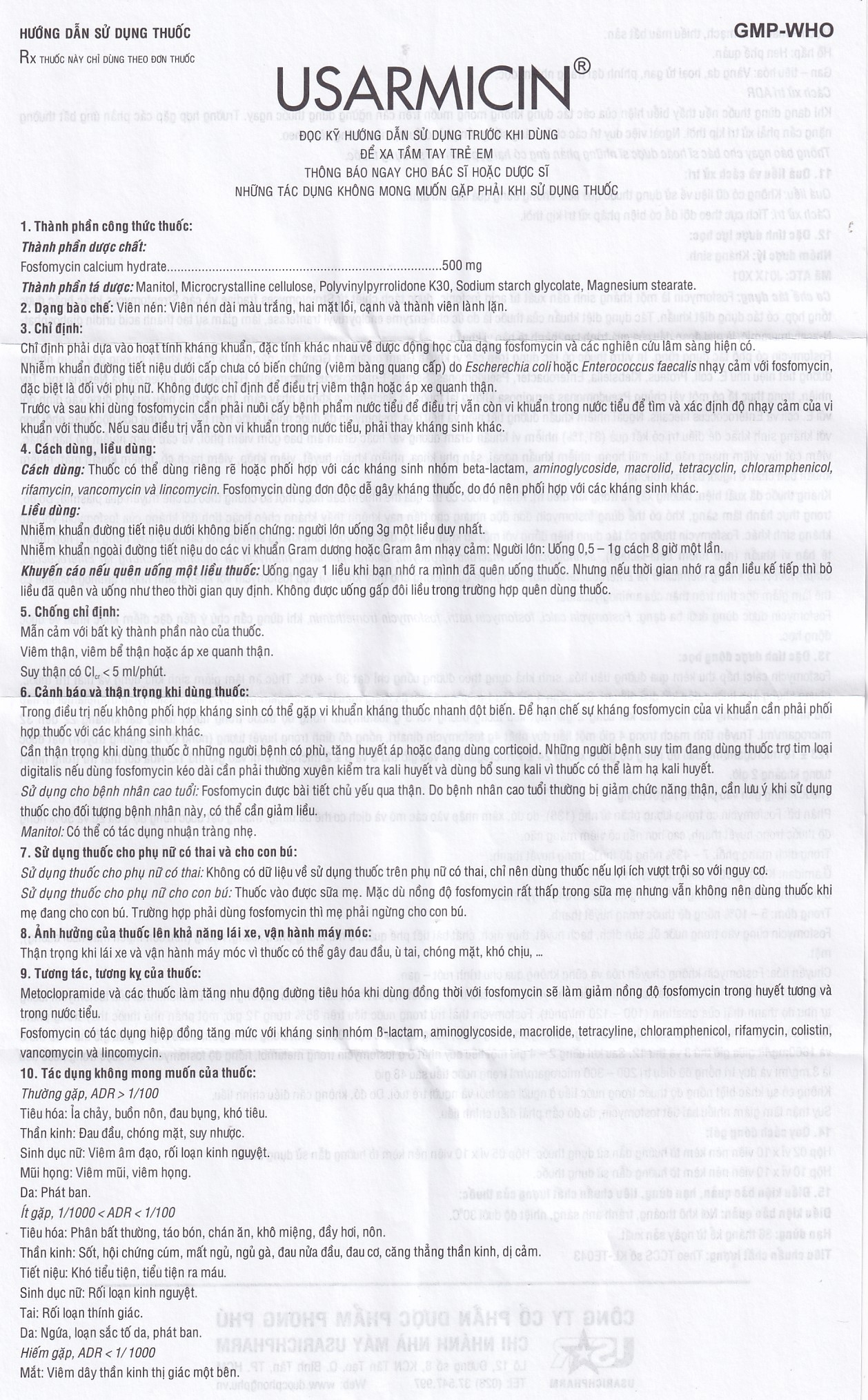 Hình ảnh Thuốc Usarmicin Tablets 500 UsarichPharm điều trị nhiễm khuẩn đường tiết niệu (2 vỉ x 10 viên)