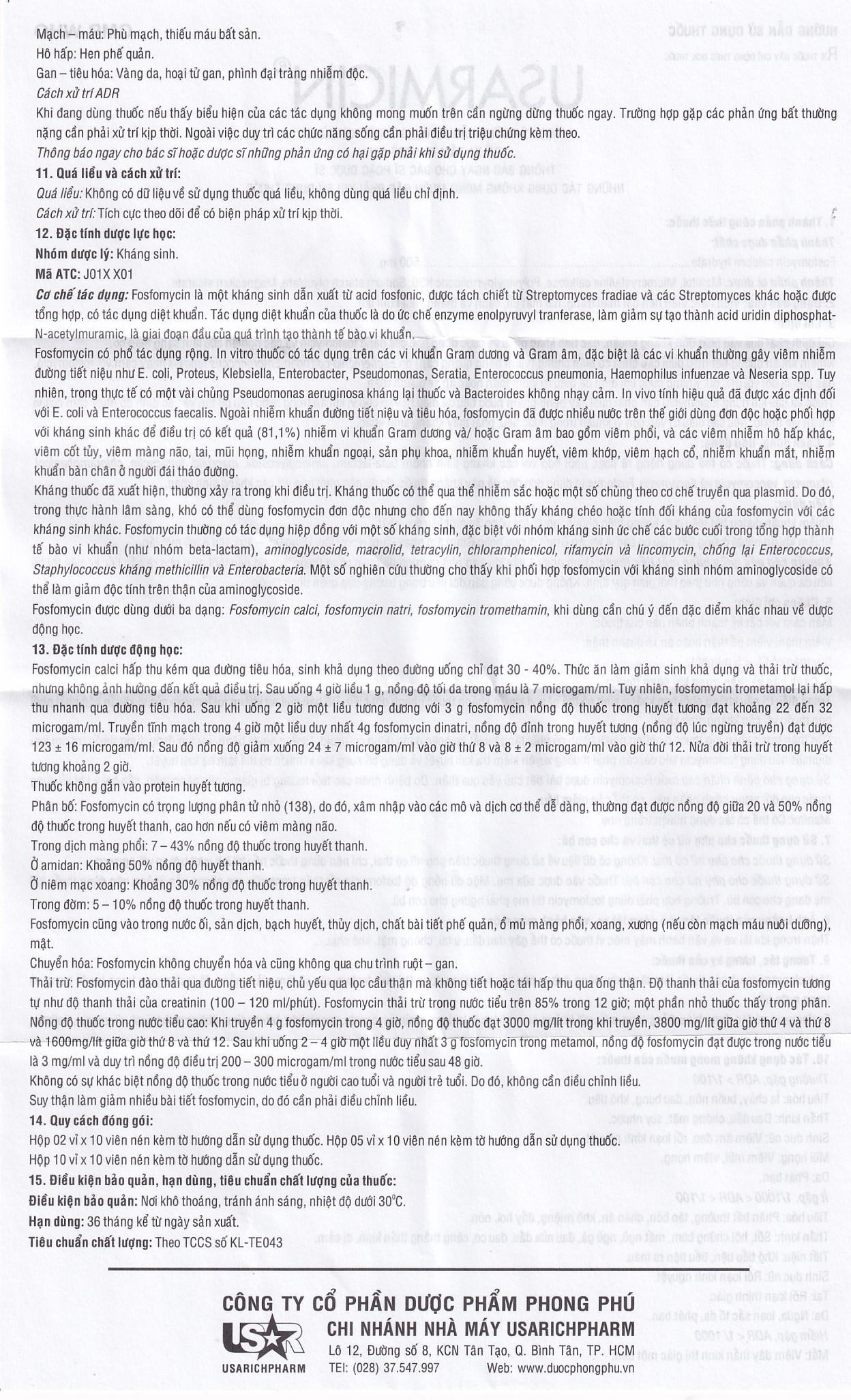 Hình ảnh Thuốc Usarmicin Tablets 500 UsarichPharm điều trị nhiễm khuẩn đường tiết niệu (2 vỉ x 10 viên)