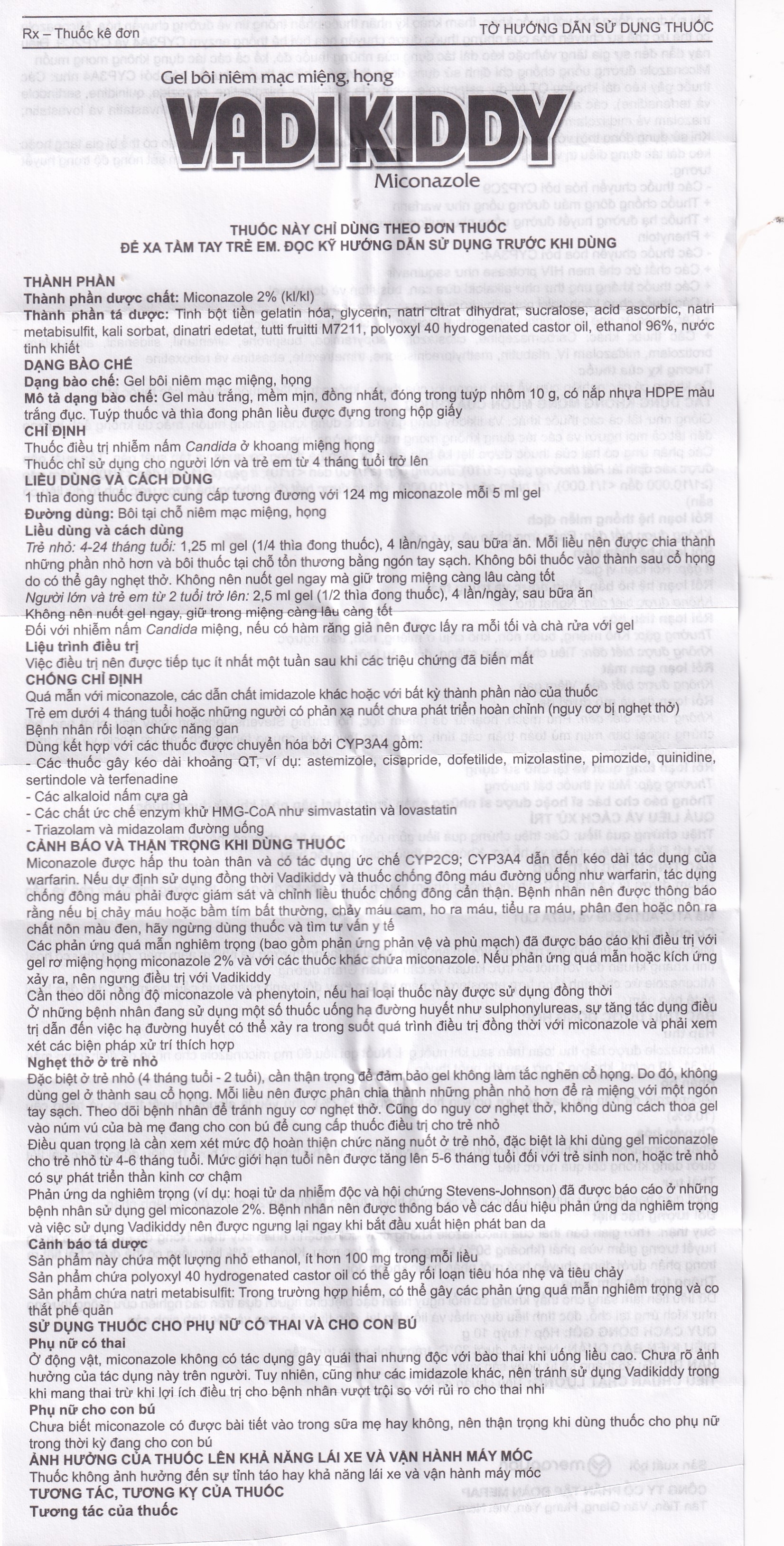 Hình ảnh Gel niêm mạc miệng họng Vadikddy 10g Merap Gel điều trị nấm candida