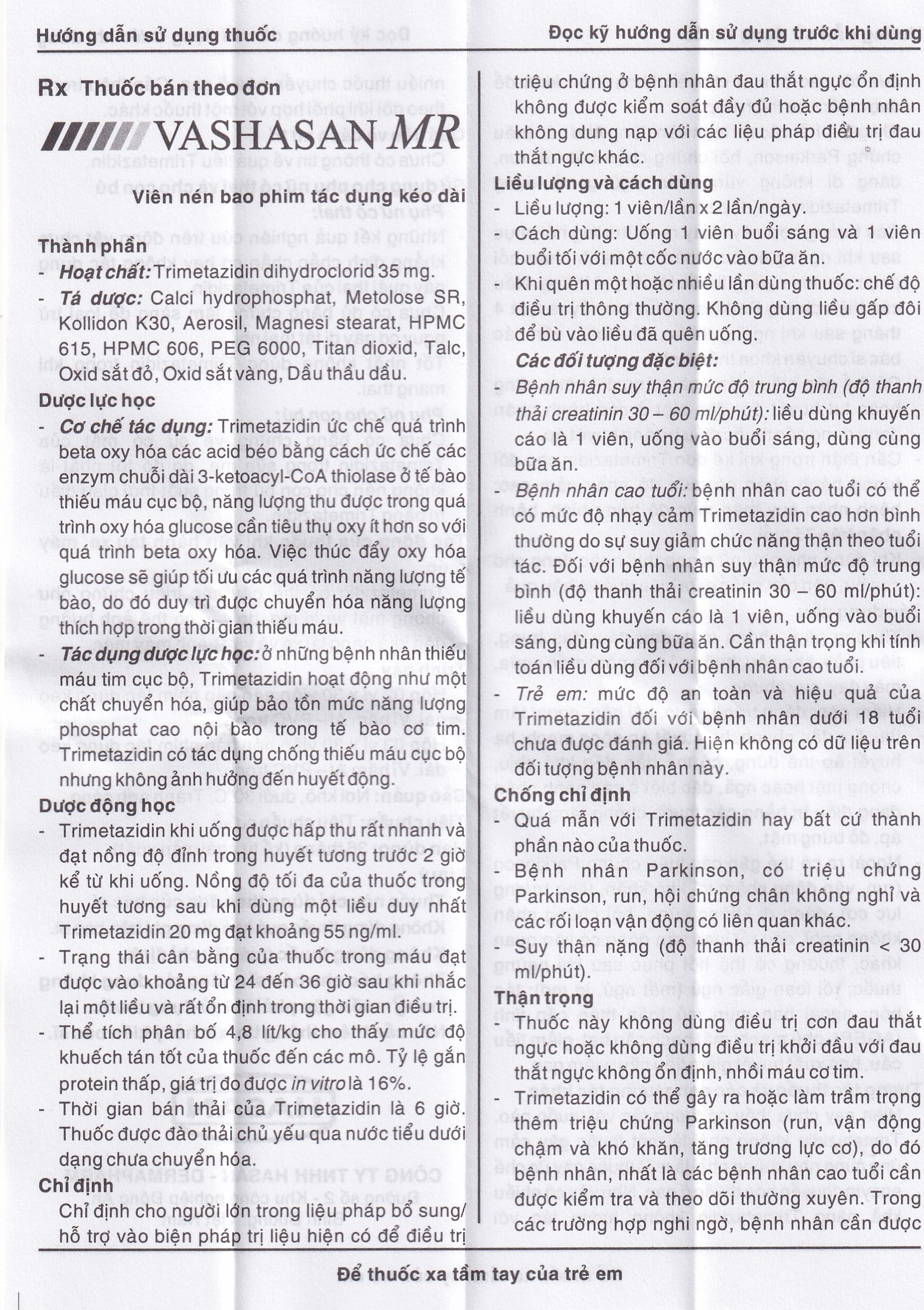 Hình ảnh Thuốc Vashasan MR 35 Hasan điều trị đau thắt ngực (3 vỉ x 30 viên)