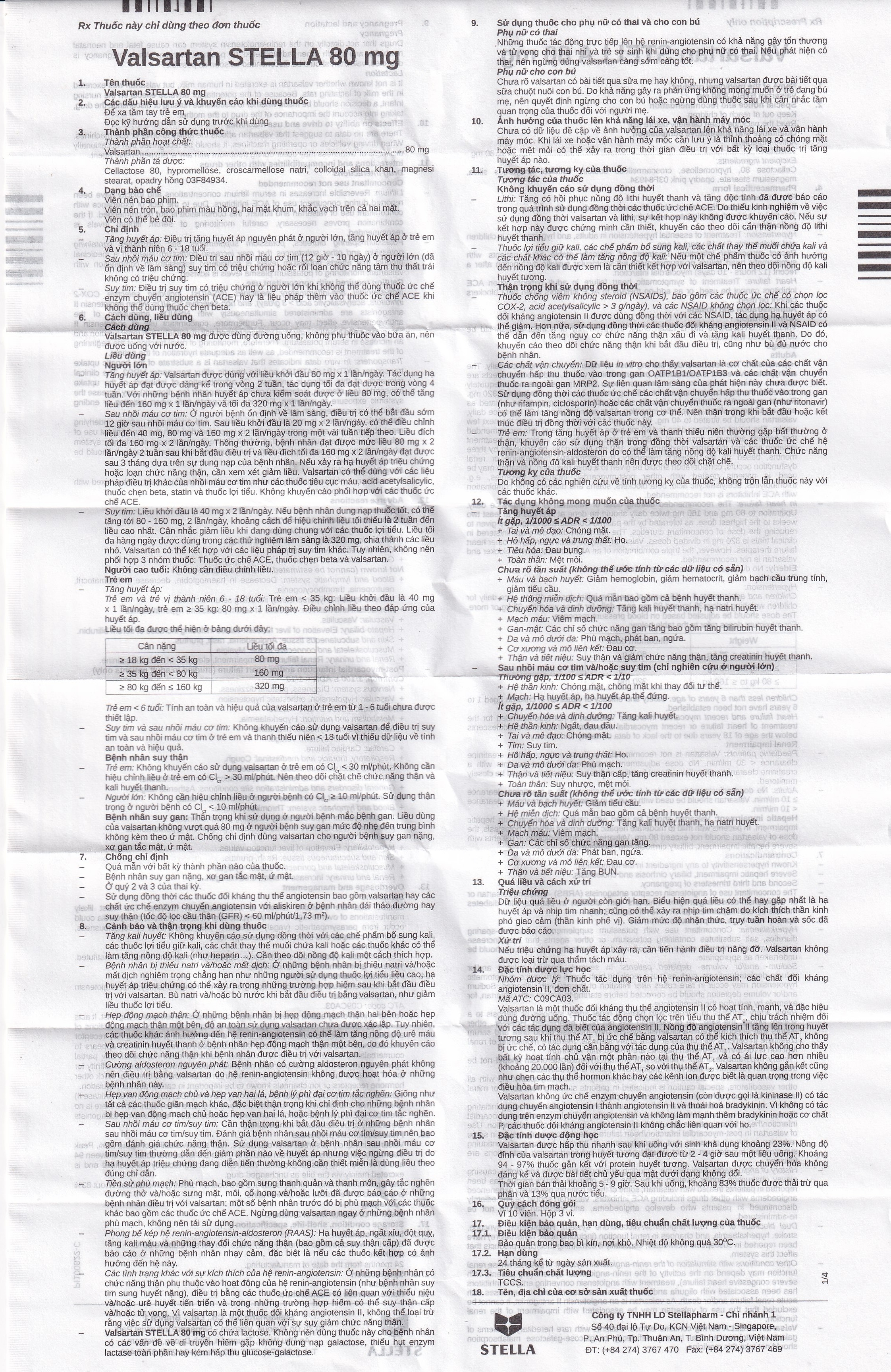 Hình ảnh Thuốc Vansartan 80mg Stella điều trị tăng huyết áp, suy tim (3 vỉ x 10 viên)