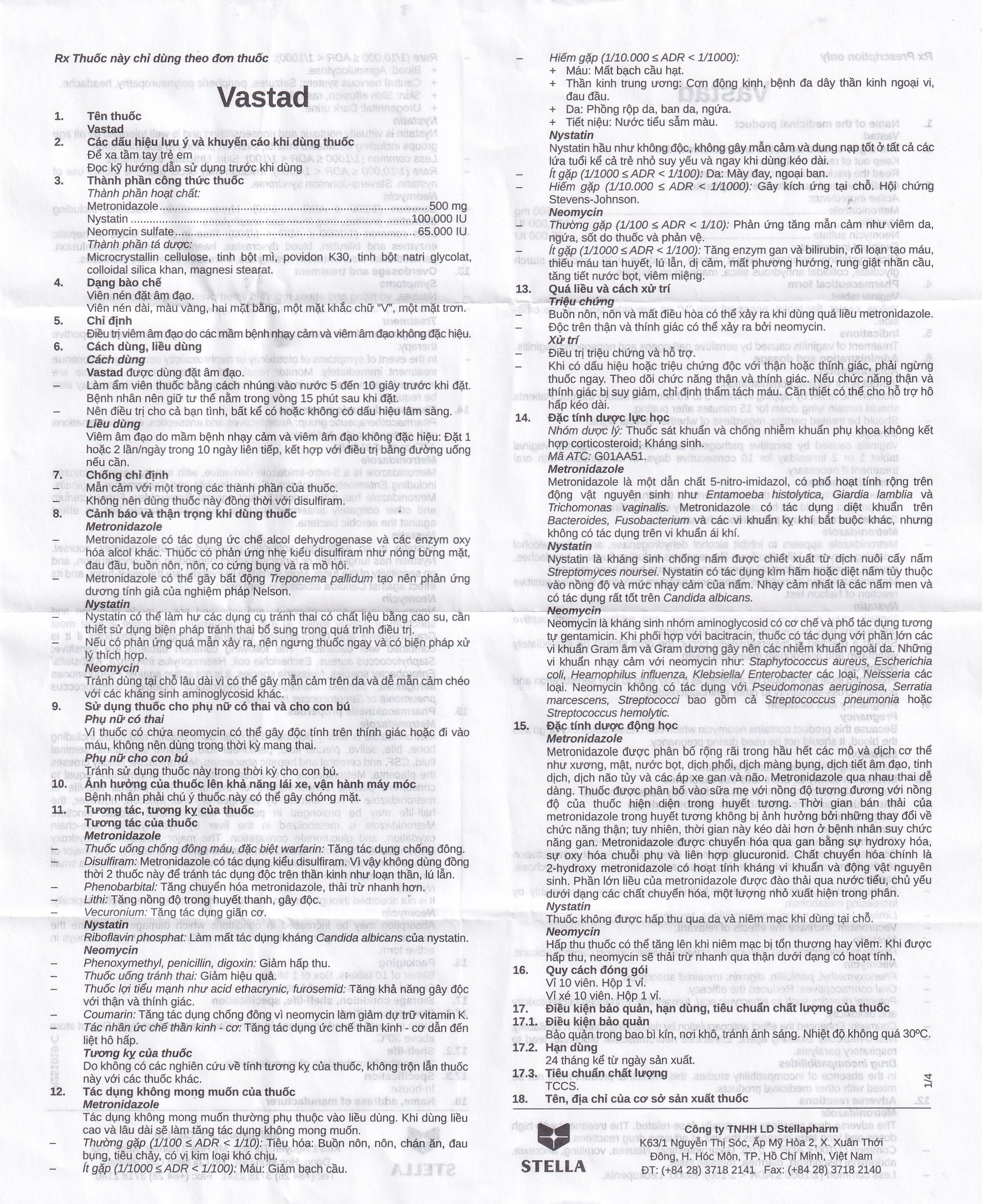 Hình ảnh Viên đặt âm đạo Vastad Stella điều trị viêm âm đạo (1 vỉ x 10 viên)