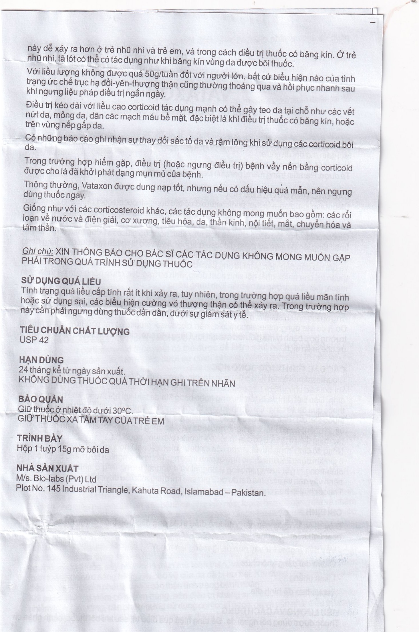 Hình ảnh Thuốc mỡ bôi da Vataxon 15g M/s Bio-Labs điều trị ngắn ngày các bệnh da