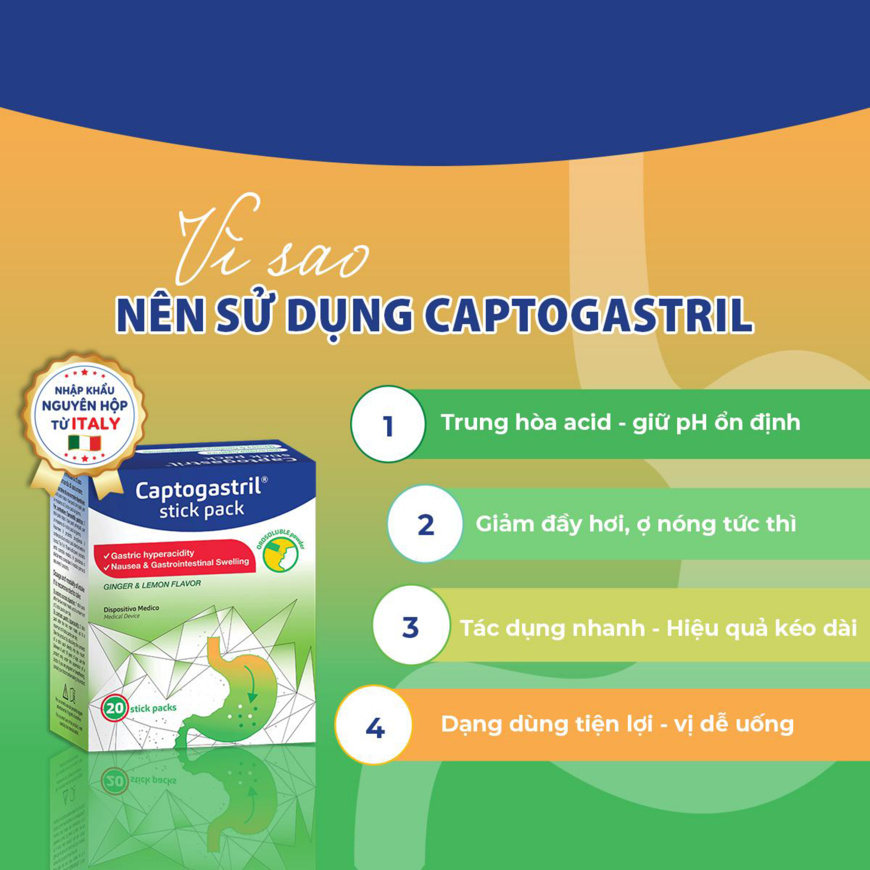 Hình ảnh Vi bột Captogastril giảm nhanh acid, đau dạ dày, ợ nóng, đầy hơi, buồn nôn, khó tiêu hộp 20 gói