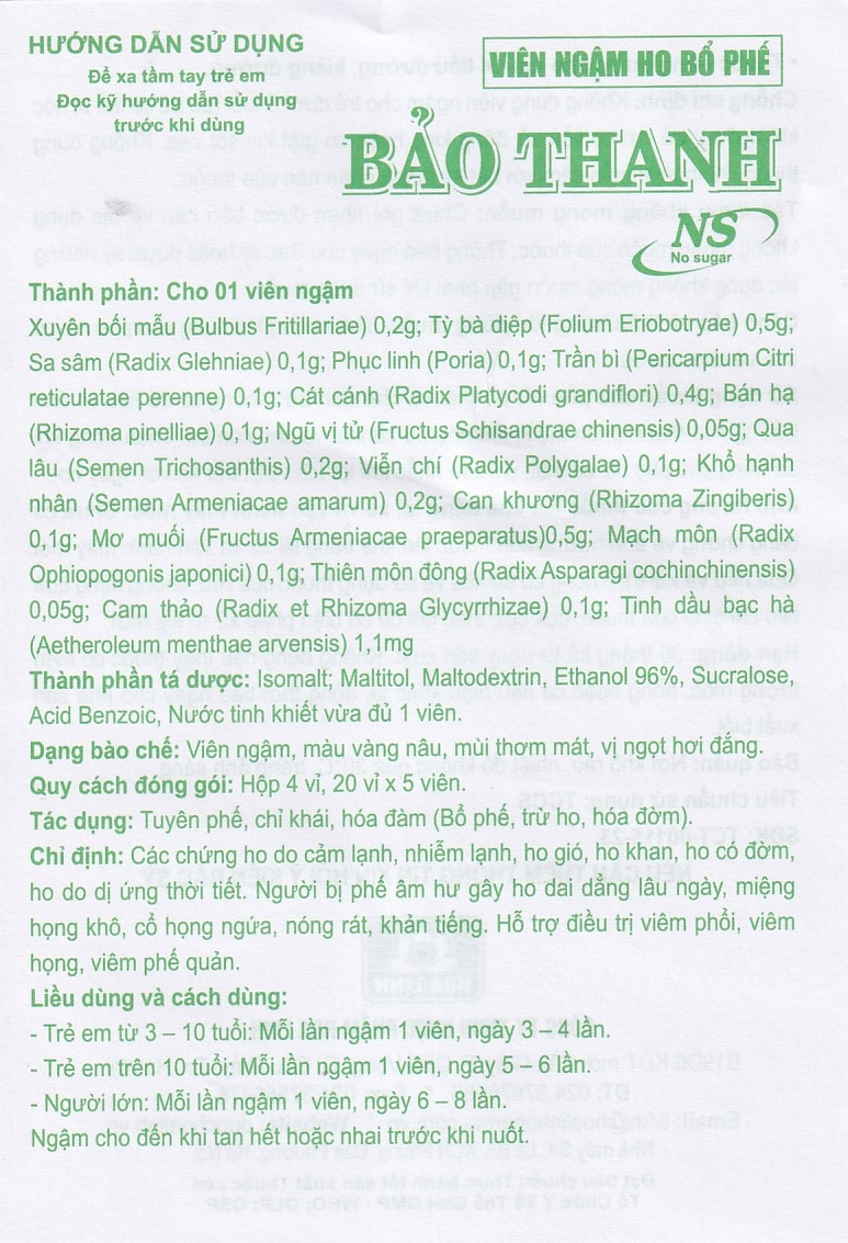 Hình ảnh Viên ngậm ho bổ phế Bảo Thanh không đường dùng giảm các chứng ho do cảm lạnh, nhiễm lạnh (20 vỉ x 5 viên)