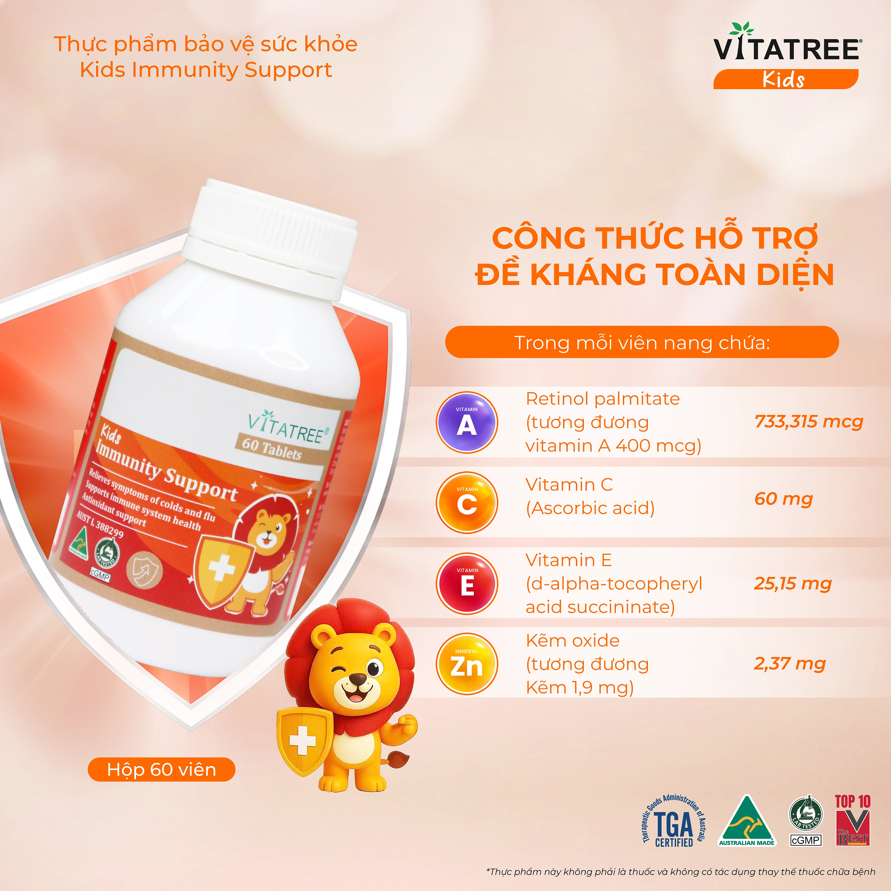 Hình ảnh Viên nhai hỗ trợ tăng cường sức đề kháng cho trẻ Vitatree Kids Immunity Support (Hộp 60 viên)
