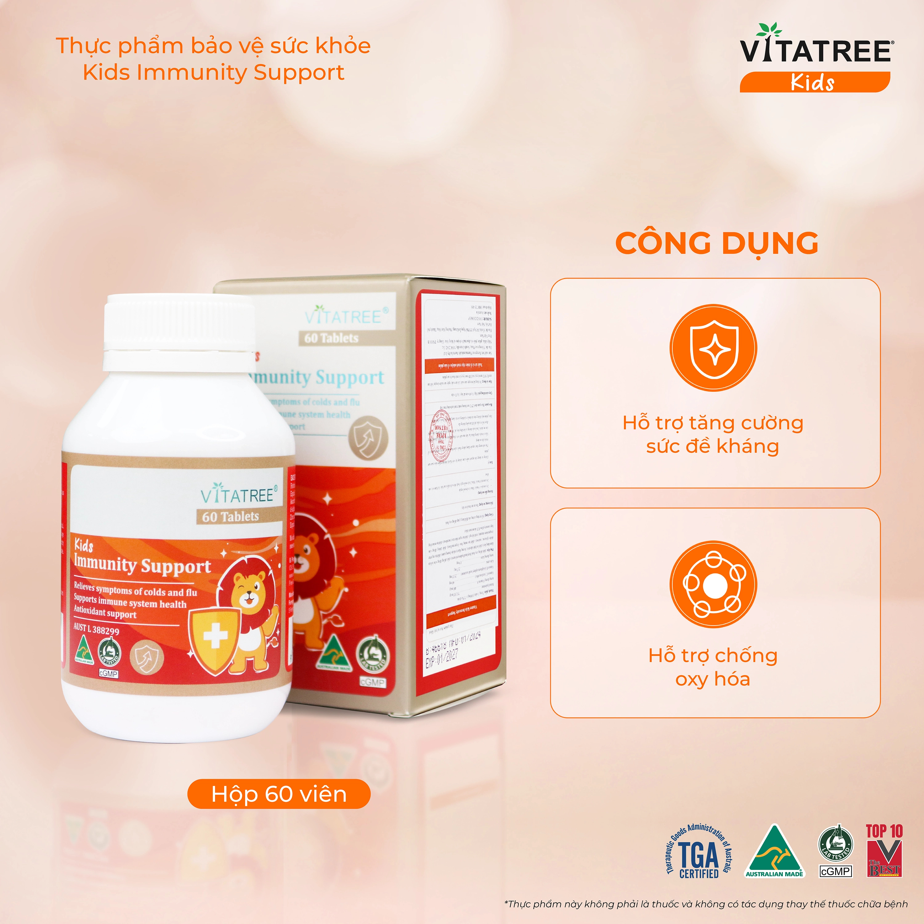 Hình ảnh Viên nhai hỗ trợ tăng cường sức đề kháng cho trẻ Vitatree Kids Immunity Support (Hộp 60 viên)