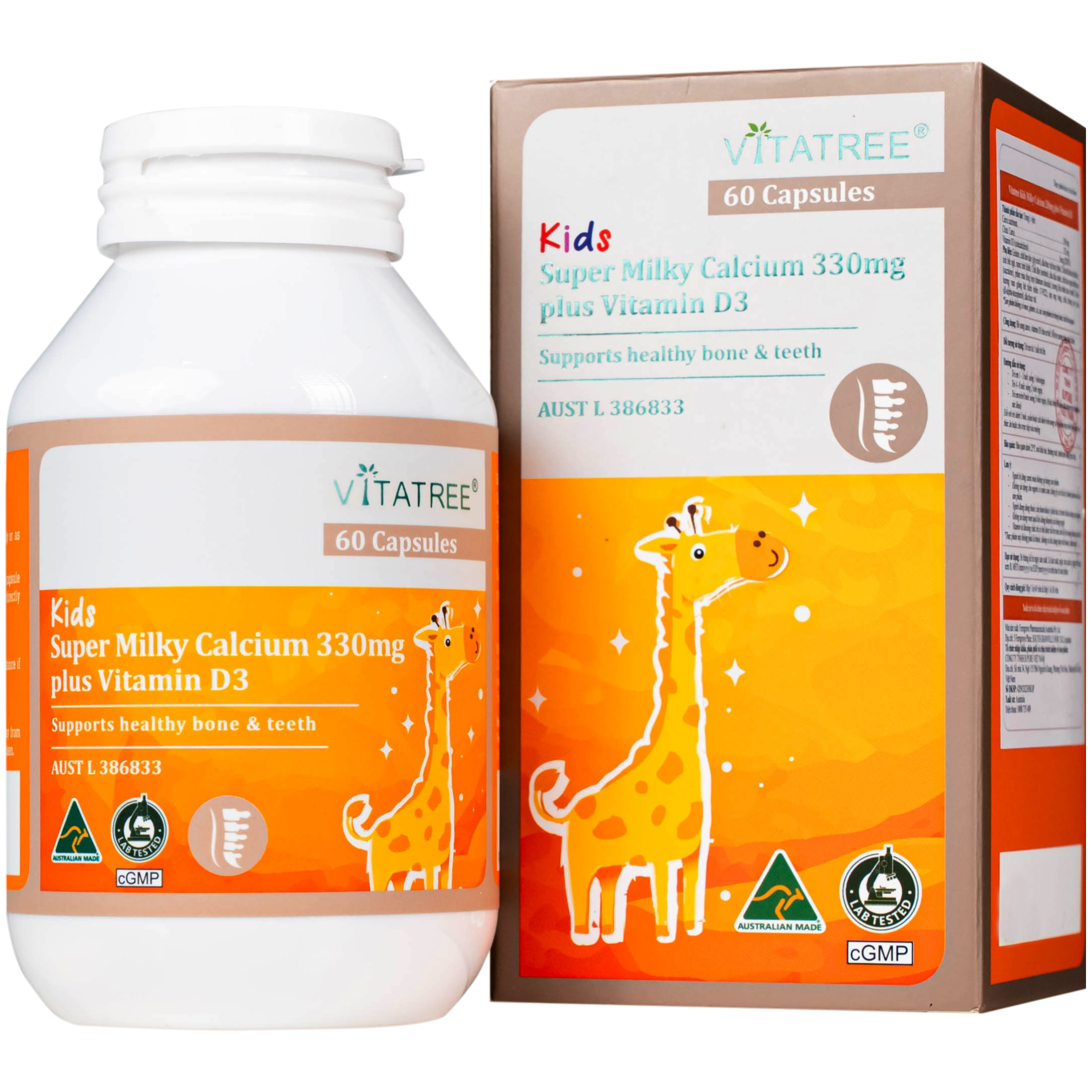 Hình ảnh Viên uống bổ sung canxi, Vitamin D3, giúp xương răng chắc khoẻ Vitatree Kids Super Milky Calcium 330mg plus Vitamin D3 (Hộp 60 viên)