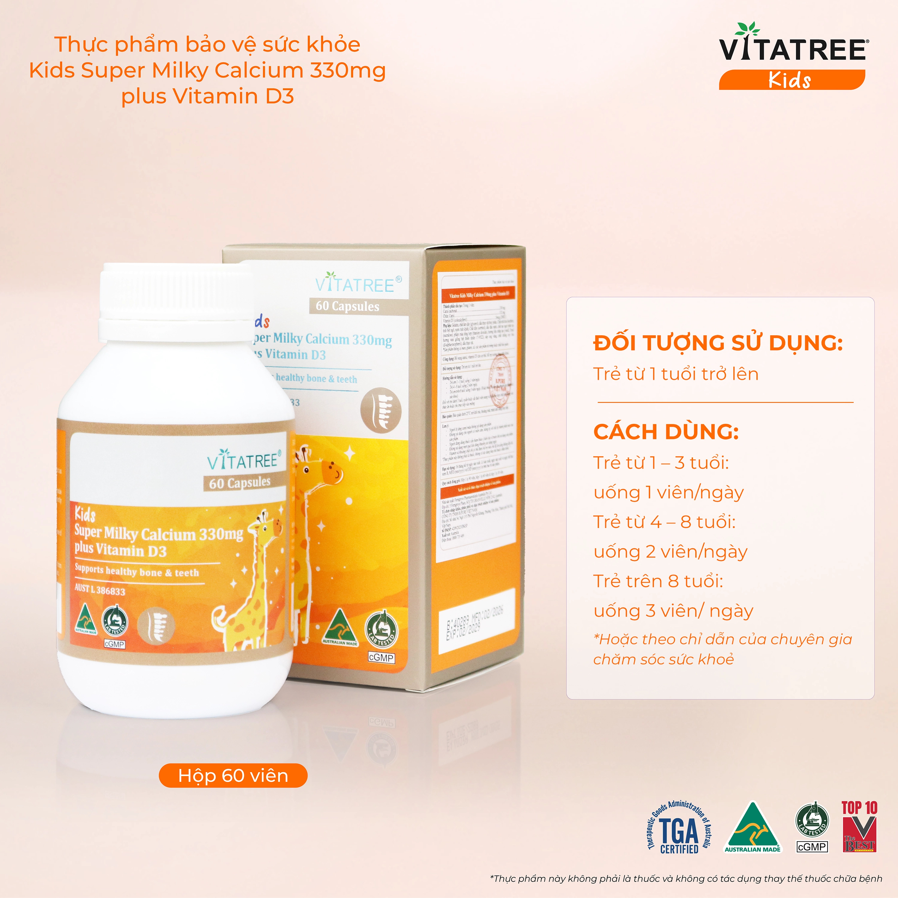 Hình ảnh Viên uống bổ sung canxi, Vitamin D3, giúp xương răng chắc khoẻ Vitatree Kids Super Milky Calcium 330mg plus Vitamin D3 (Hộp 60 viên)