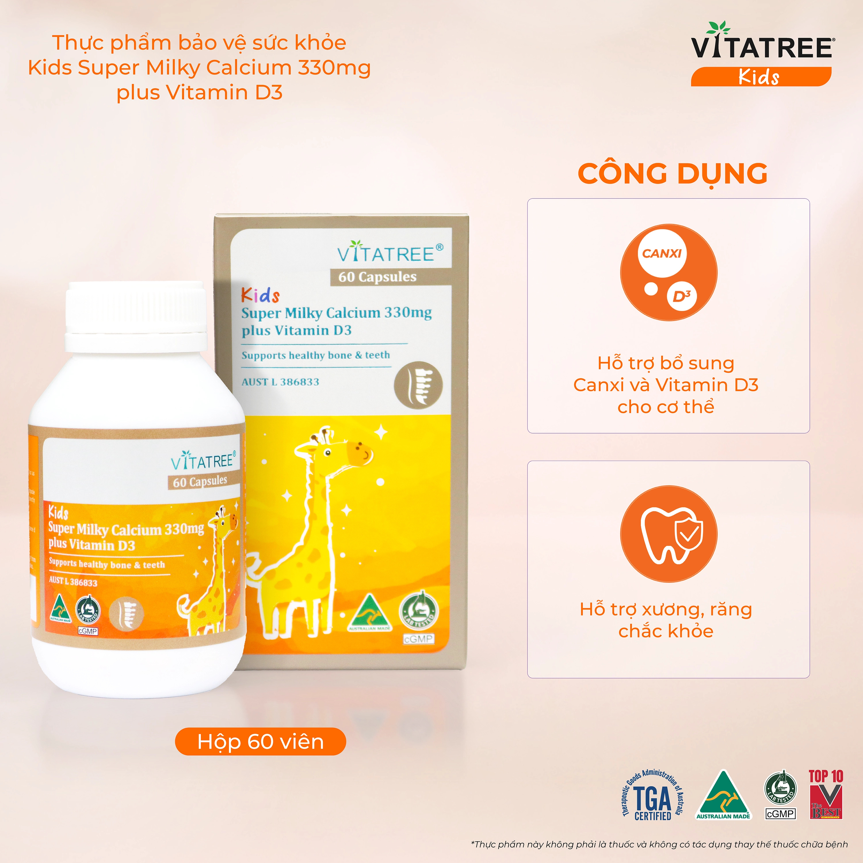 Hình ảnh Viên uống bổ sung canxi, Vitamin D3, giúp xương răng chắc khoẻ Vitatree Kids Super Milky Calcium 330mg plus Vitamin D3 (Hộp 60 viên)
