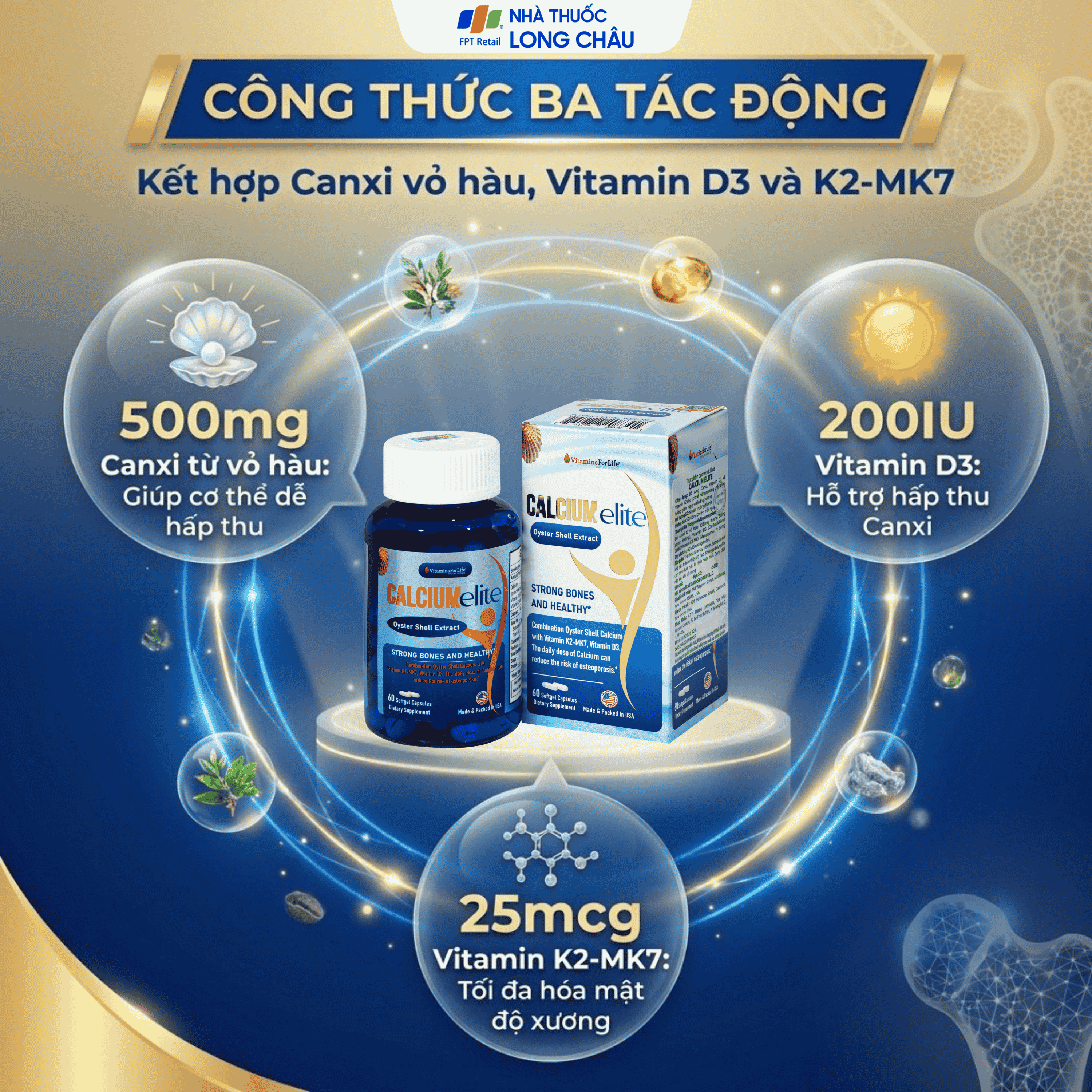 Hình ảnh Viên uống bổ sung canxi, Vitamin D3 và Vitamin K2 cho cơ thể, hỗ trợ xương chắc khoẻ CalciumElite Vitamins For Life (Hộp 60 viên)