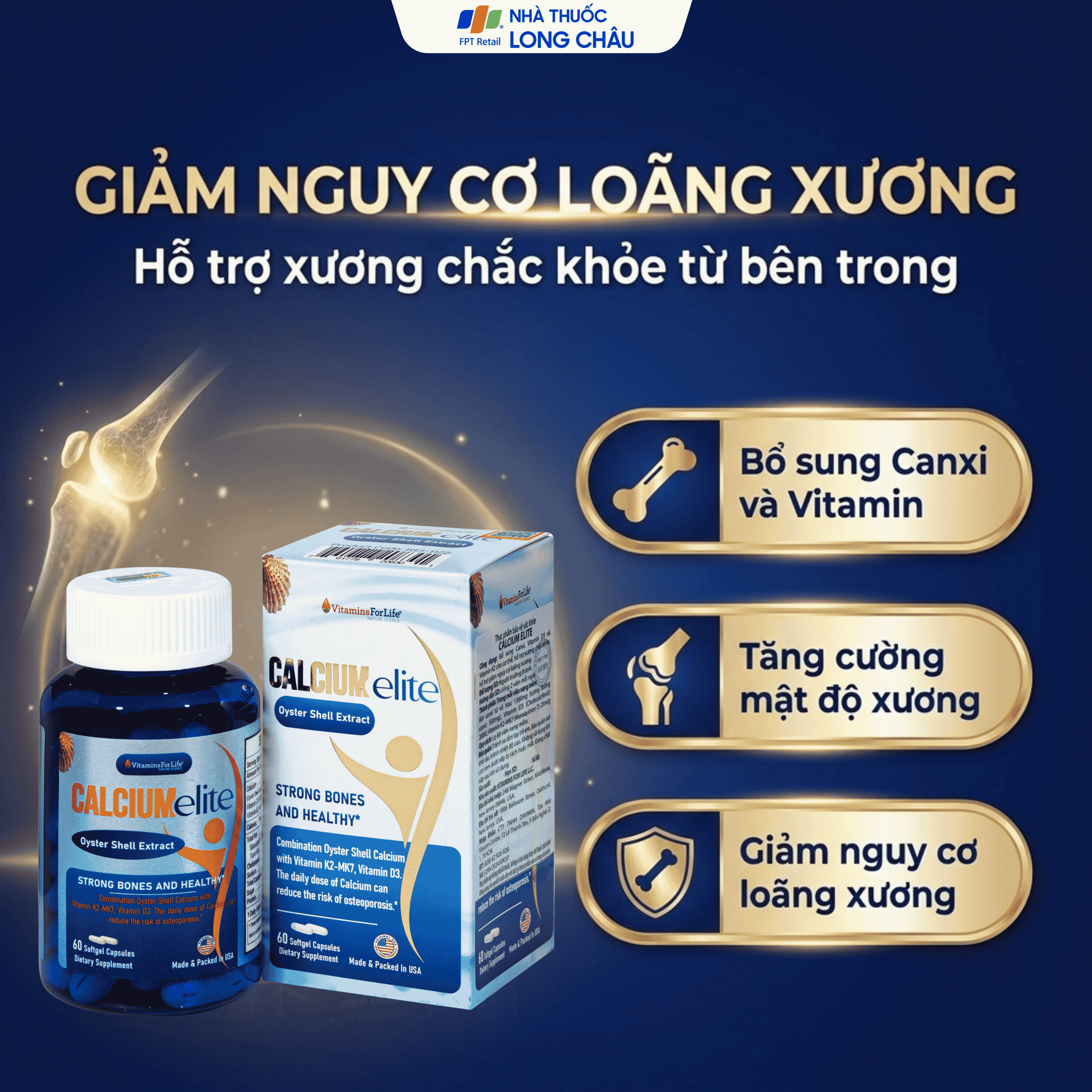 Hình ảnh Viên uống bổ sung canxi, Vitamin D3 và Vitamin K2 cho cơ thể, hỗ trợ xương chắc khoẻ CalciumElite Vitamins For Life (Hộp 60 viên)