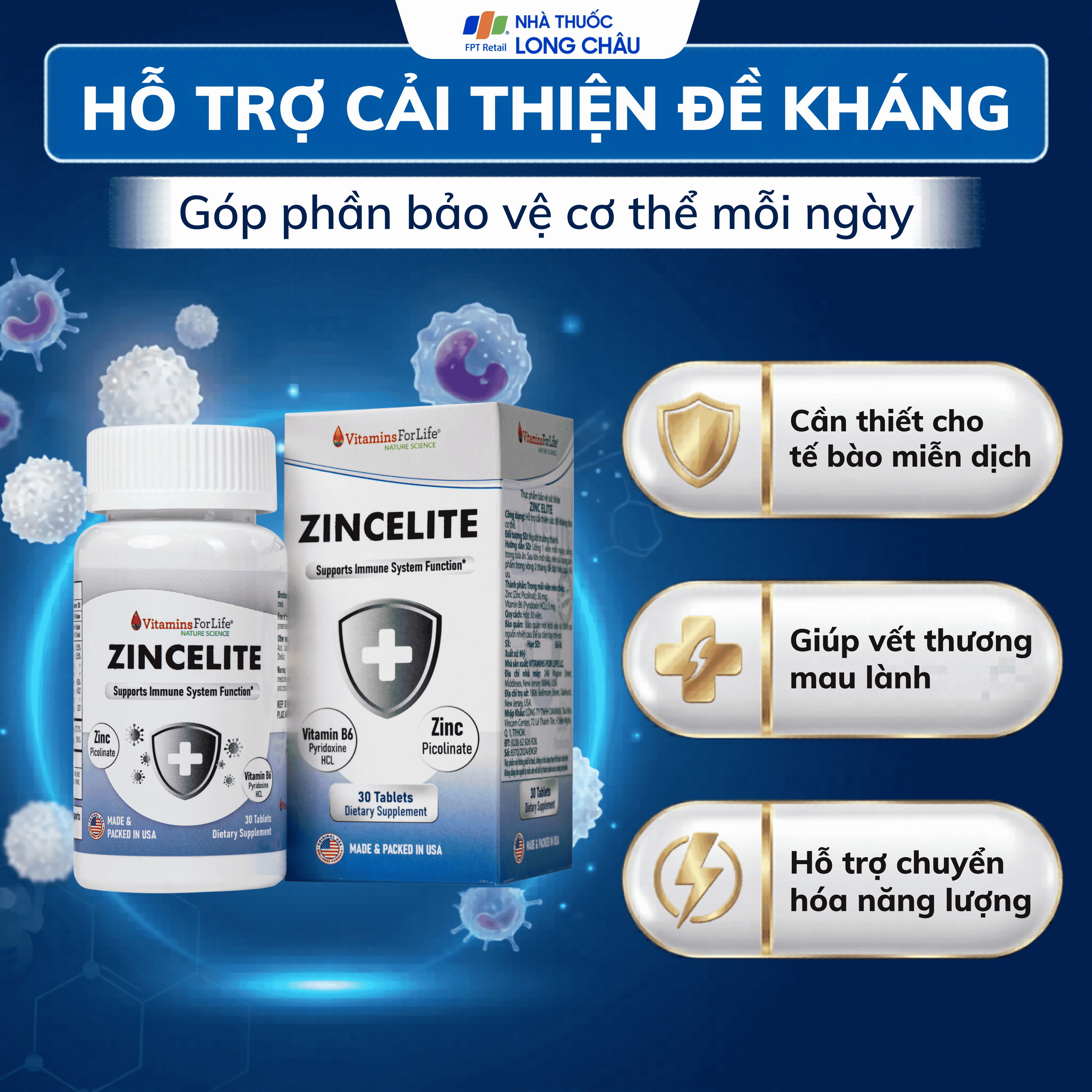 Hình ảnh Viên uống hỗ trợ cải thiện sức đề kháng cho cơ thể ZINCELITE Vitamins For Life (Hộp 30 viên)