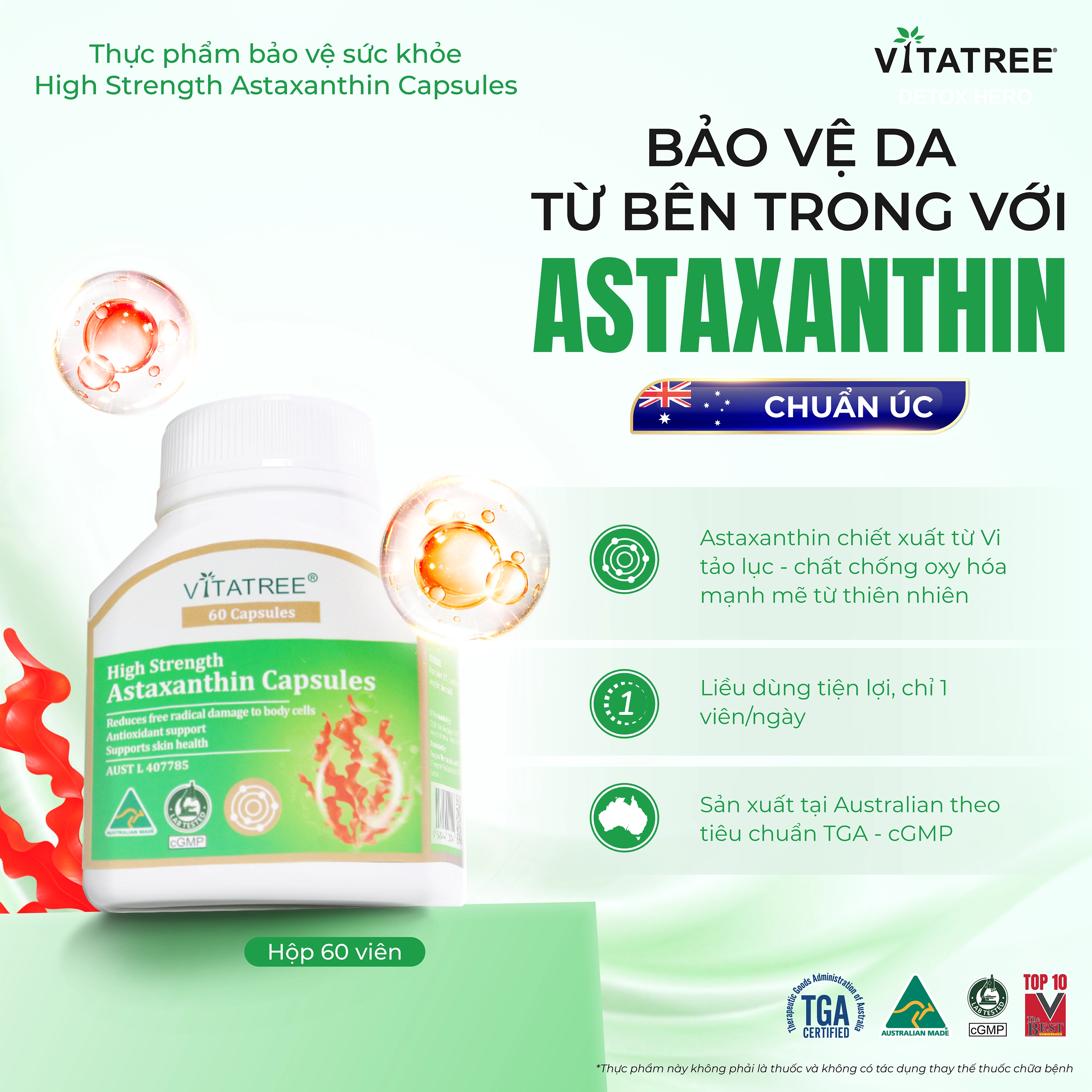 Hình ảnh Viên uống hỗ trợ chống oxy hoá, hỗ trợ sức khoẻ da, tăng cường sức đề kháng Vitatree High Strength Astaxanthin (Hộp 60 viên)